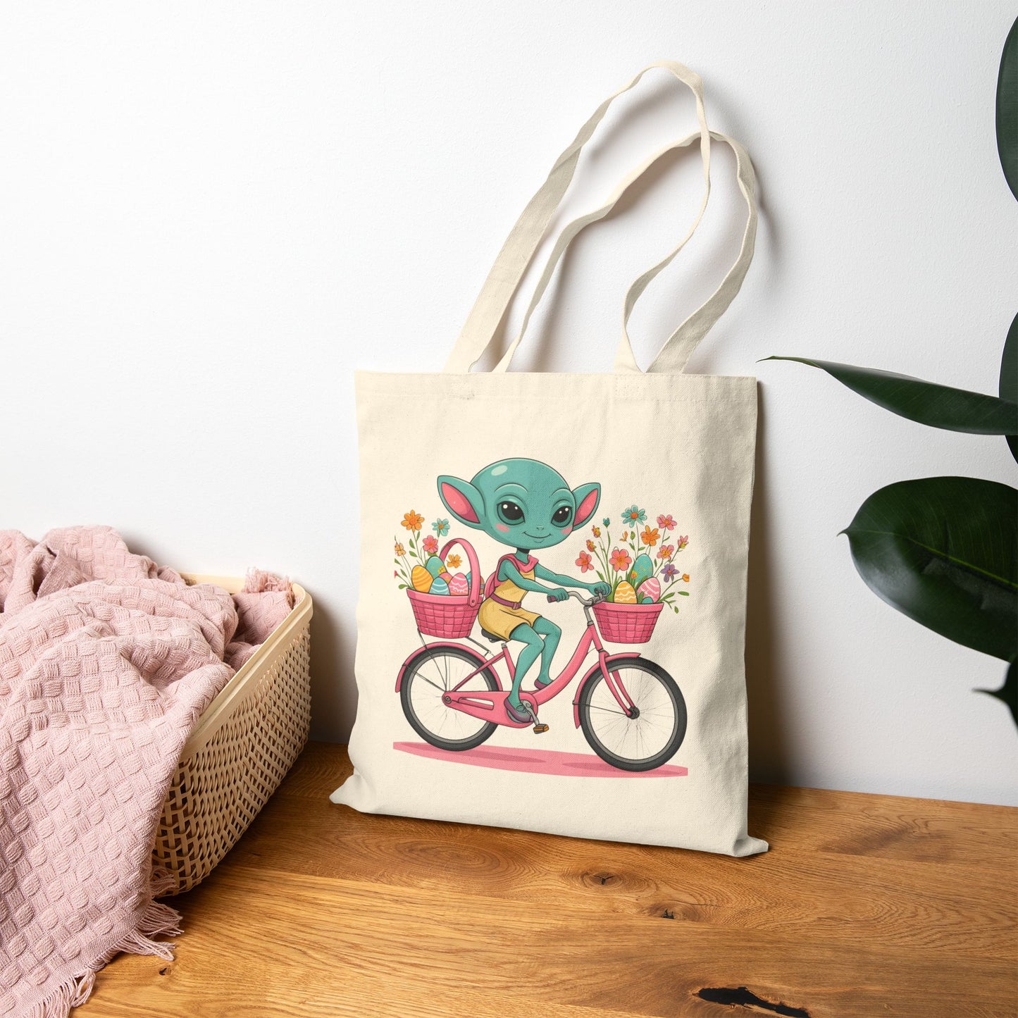 Whimsical Alien Bike Tote Bag, Reusable Shopping Bag, Eco-Friendly Gift, Fun Beach Bag, Cute Grocery Bag, Science Fiction Lovers