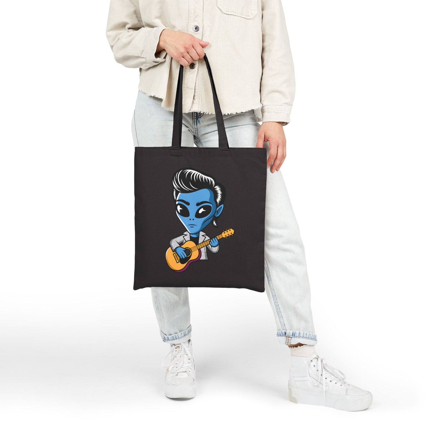 Alien Guitarist Cotton Canvas Tote Bag, Eco-Friendly Shopping Bag, Music Lover Gift, Cute and Quirky Tote, Festival Essential