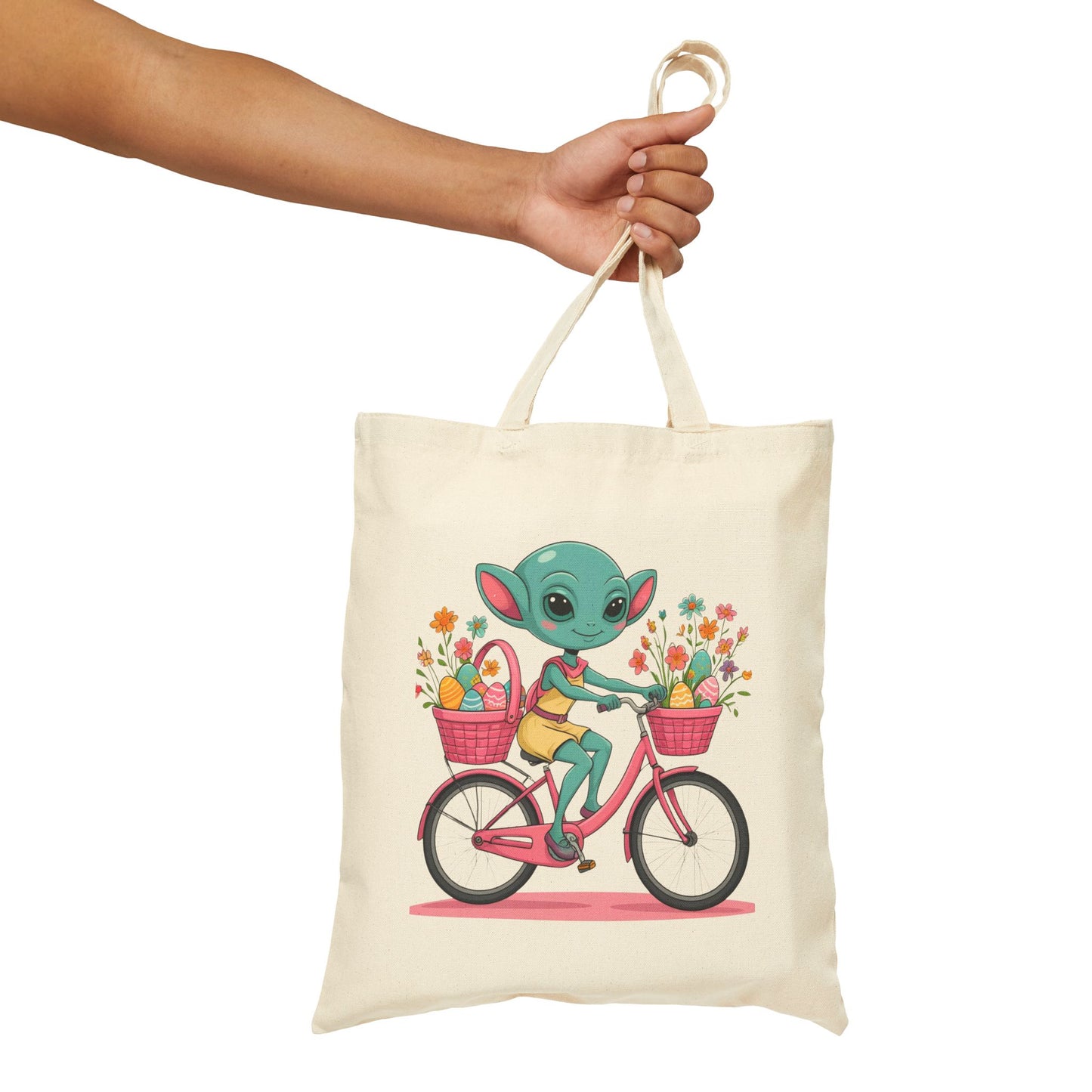 Whimsical Alien Bike Tote Bag, Reusable Shopping Bag, Eco-Friendly Gift, Fun Beach Bag, Cute Grocery Bag, Science Fiction Lovers