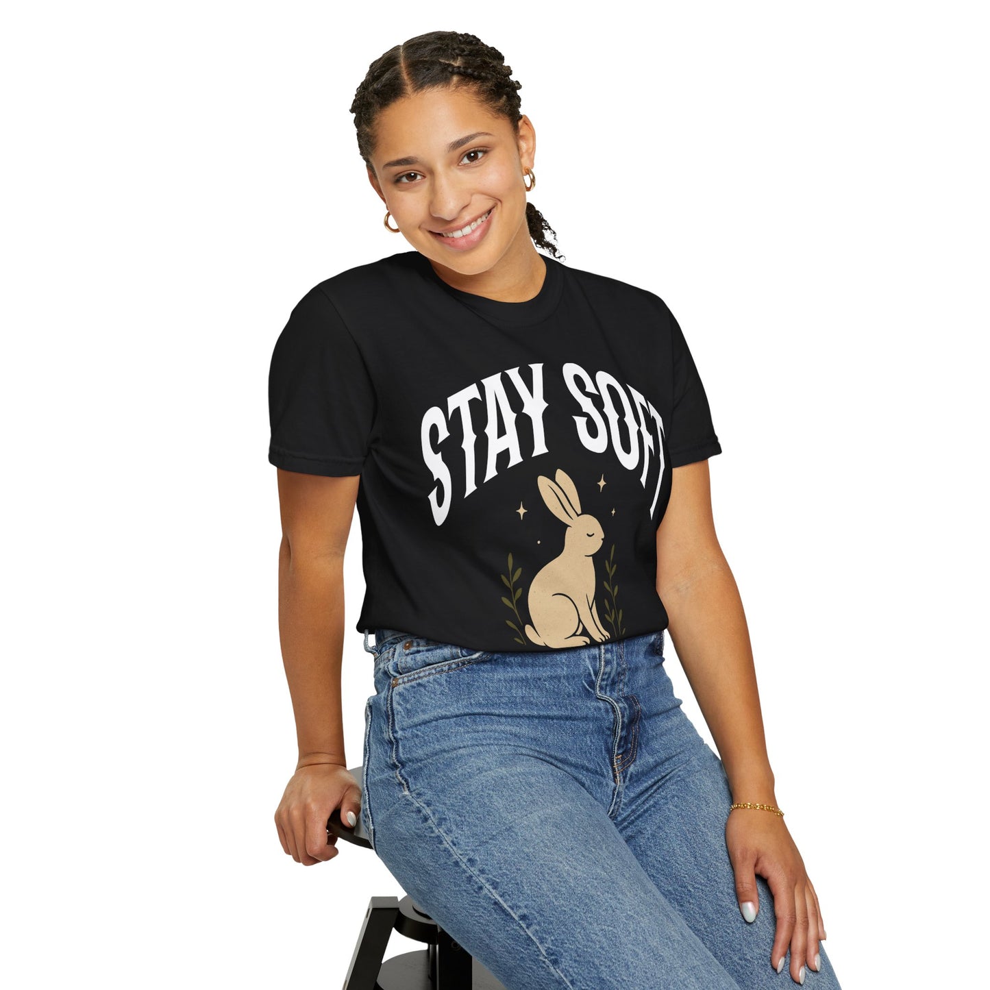 Stay Soft Unisex Garment-Dyed T-Shirt, Cute Rabbit Design Tee for Animal Lovers, Cozy Casual Wear, Gift for Friends, Nature Vibe Clothing