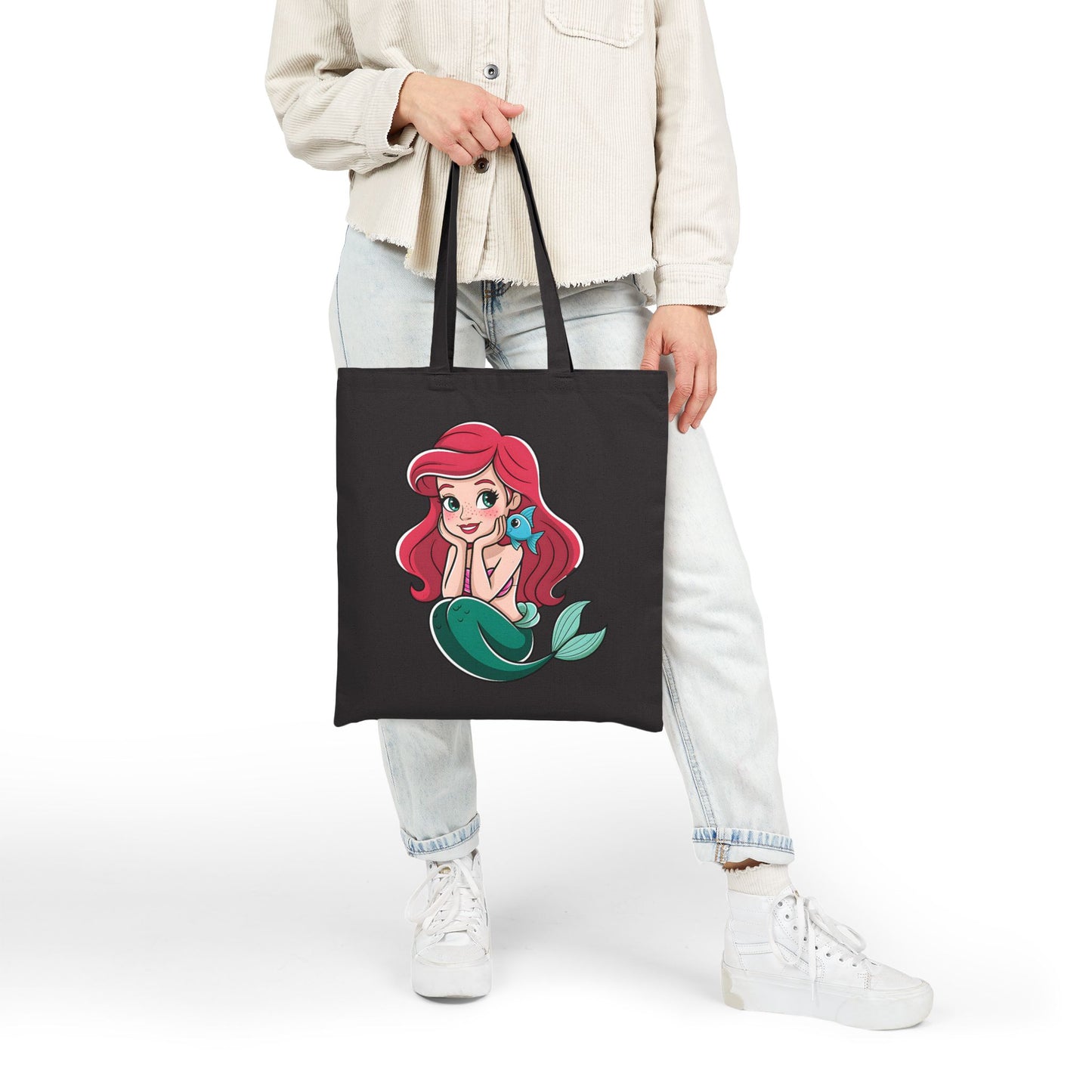 Mermaid Themed Cotton Canvas Tote Bag, Eco-Friendly Shopping Bag, Beach Tote, Gift for Ocean Lovers, Cute Drawstring Bag