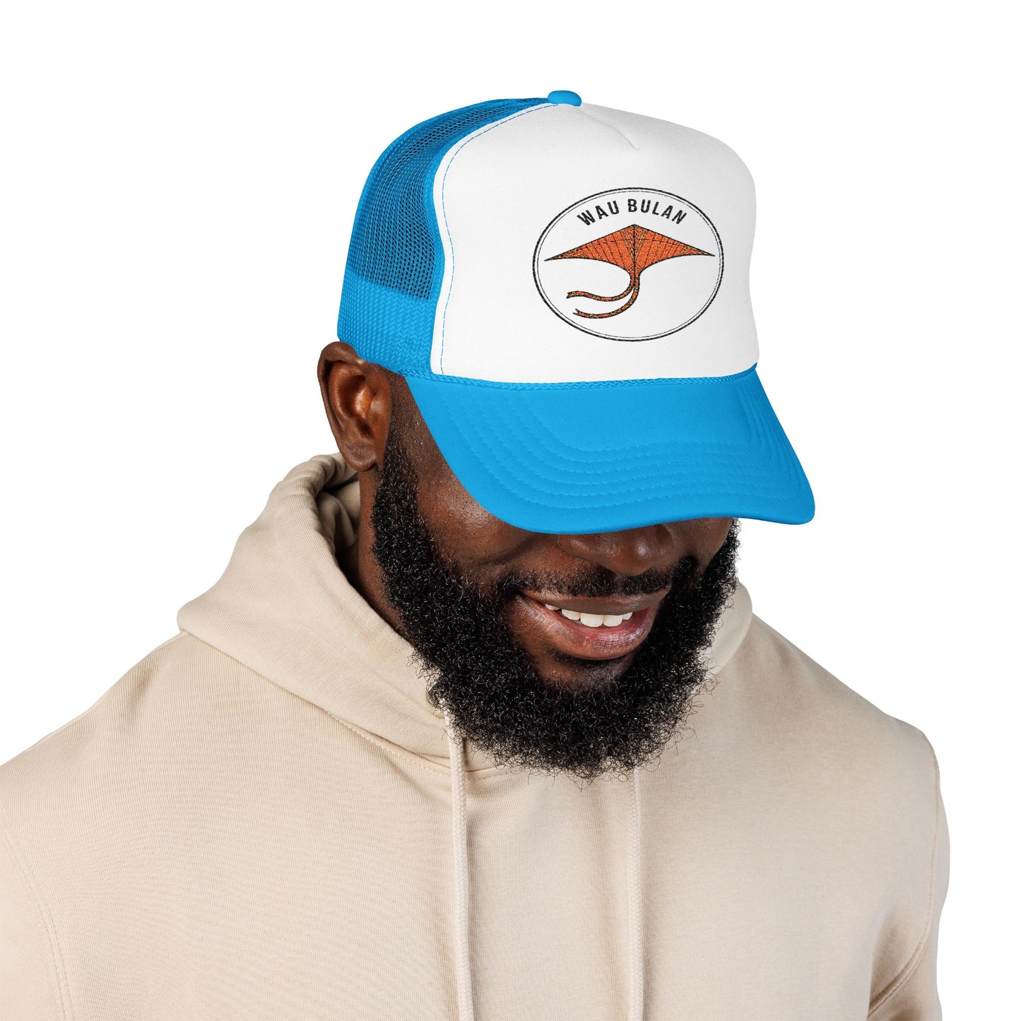 Wau Bulan Foam Trucker Hat, Custom Embroidered Cap, Beachwear, Gift for Outdoor Lovers, Fun Festival Hat