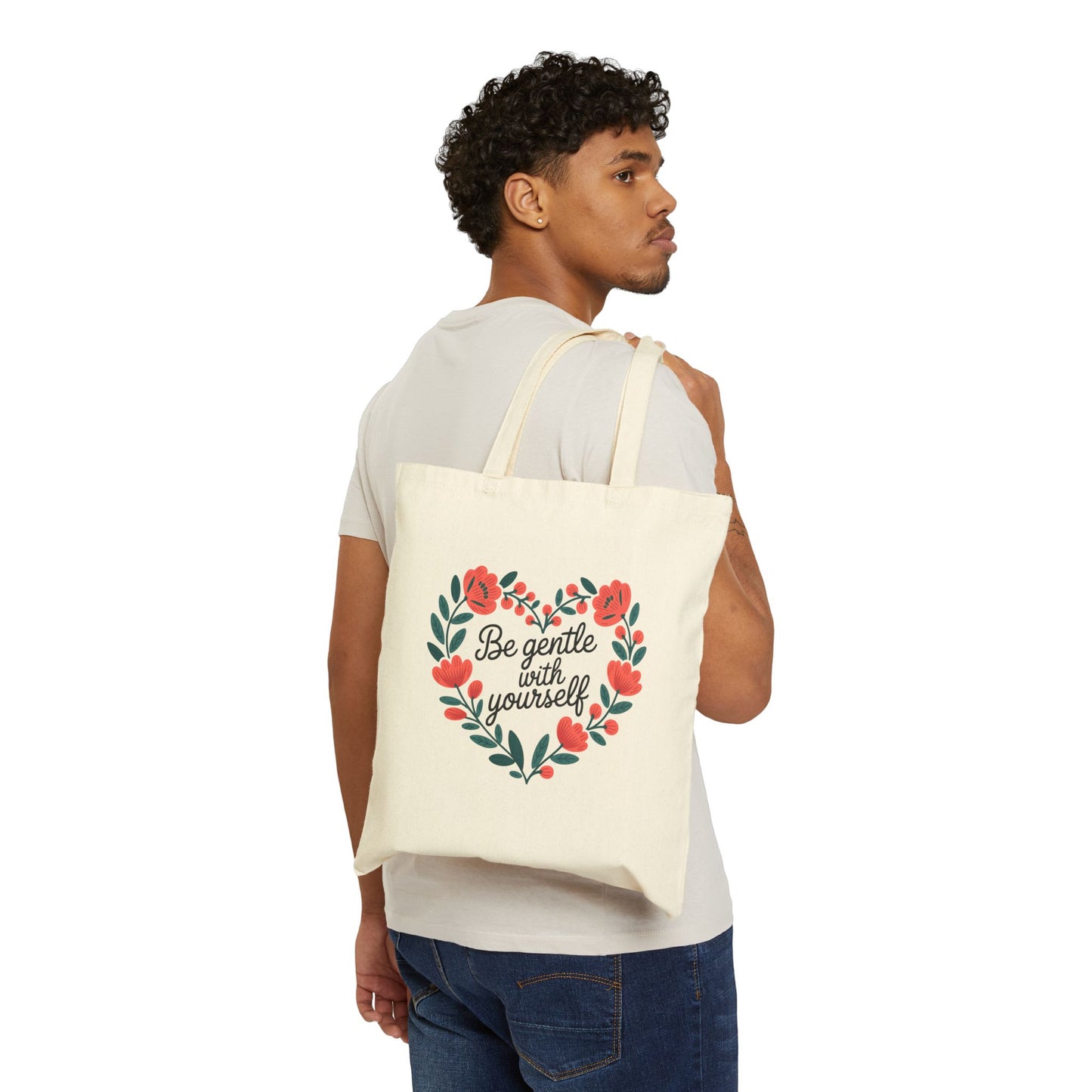 Heartfelt Cotton Canvas Tote Bag | Be Gentle with Yourself | Eco-Friendly Shopping Bag, Gift for Her, Self-Care Reminder, Floral Tote