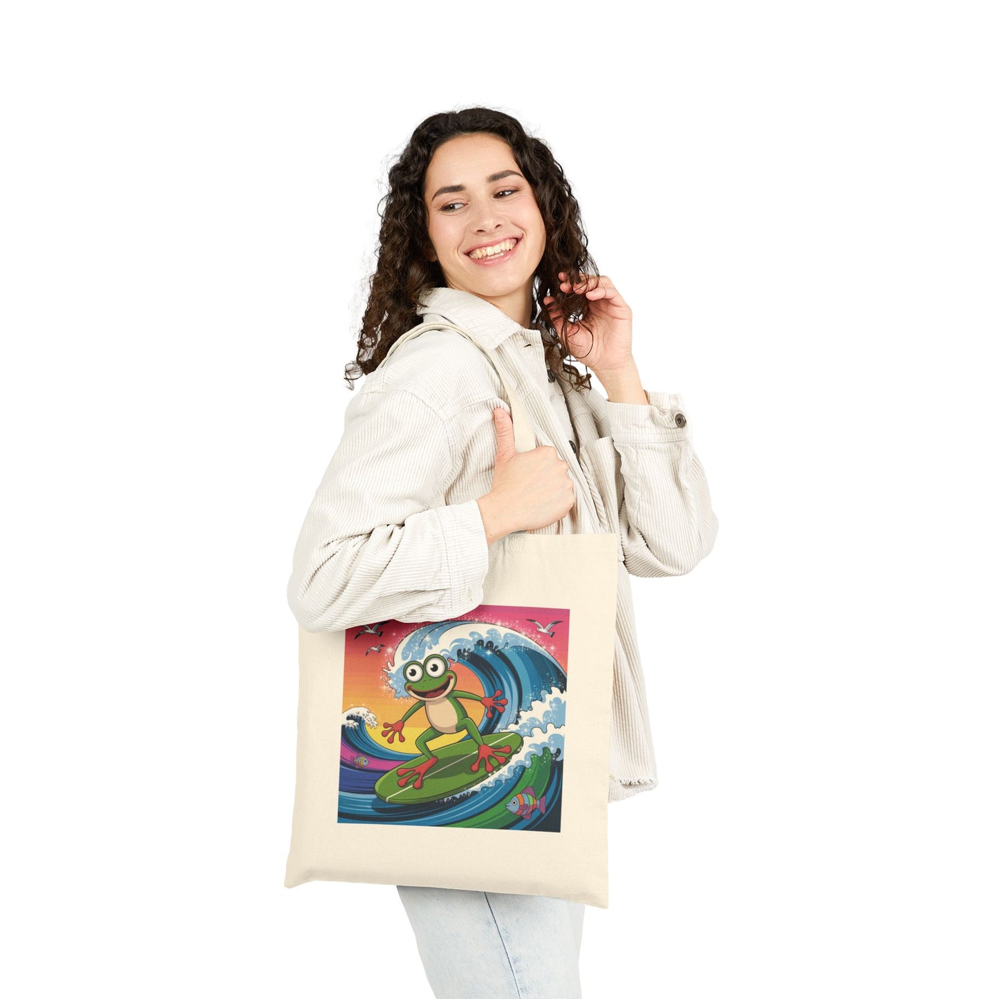 Surfing Frog Tote Bag, Beach Bag, Reusable Shopping Bag, Eco-Friendly Canvas Bag, Summer Vibes Tote, Fun Gift for Nature Lovers