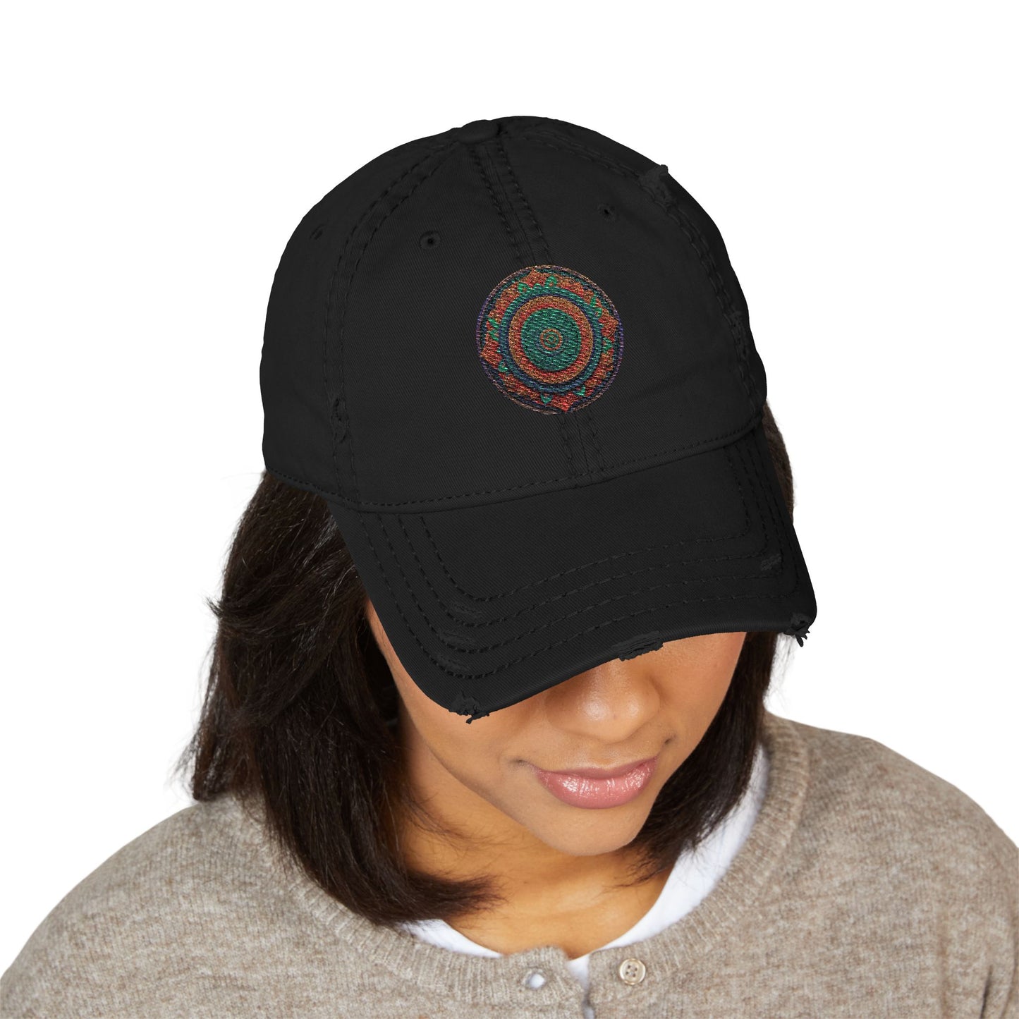 Distressed Dad Hat with Embroidered Colorful Circle - Casual Fashion Accessory