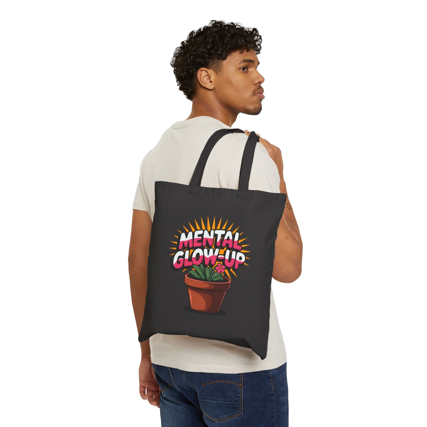 Mental Glow-Up Motivational Tote Bag | Eco-Friendly Cotton Carryall for Plant Lovers, Inspirational Gifts, Reusable Shopping Bag