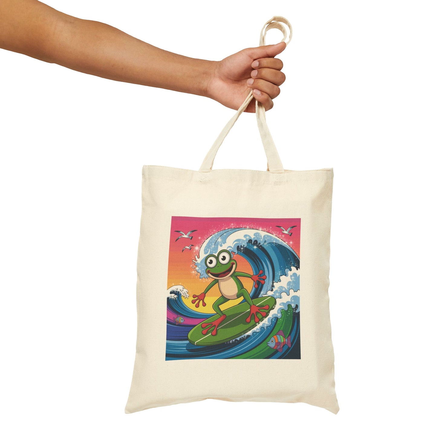 Surfing Frog Tote Bag, Beach Bag, Reusable Shopping Bag, Eco-Friendly Canvas Bag, Summer Vibes Tote, Fun Gift for Nature Lovers