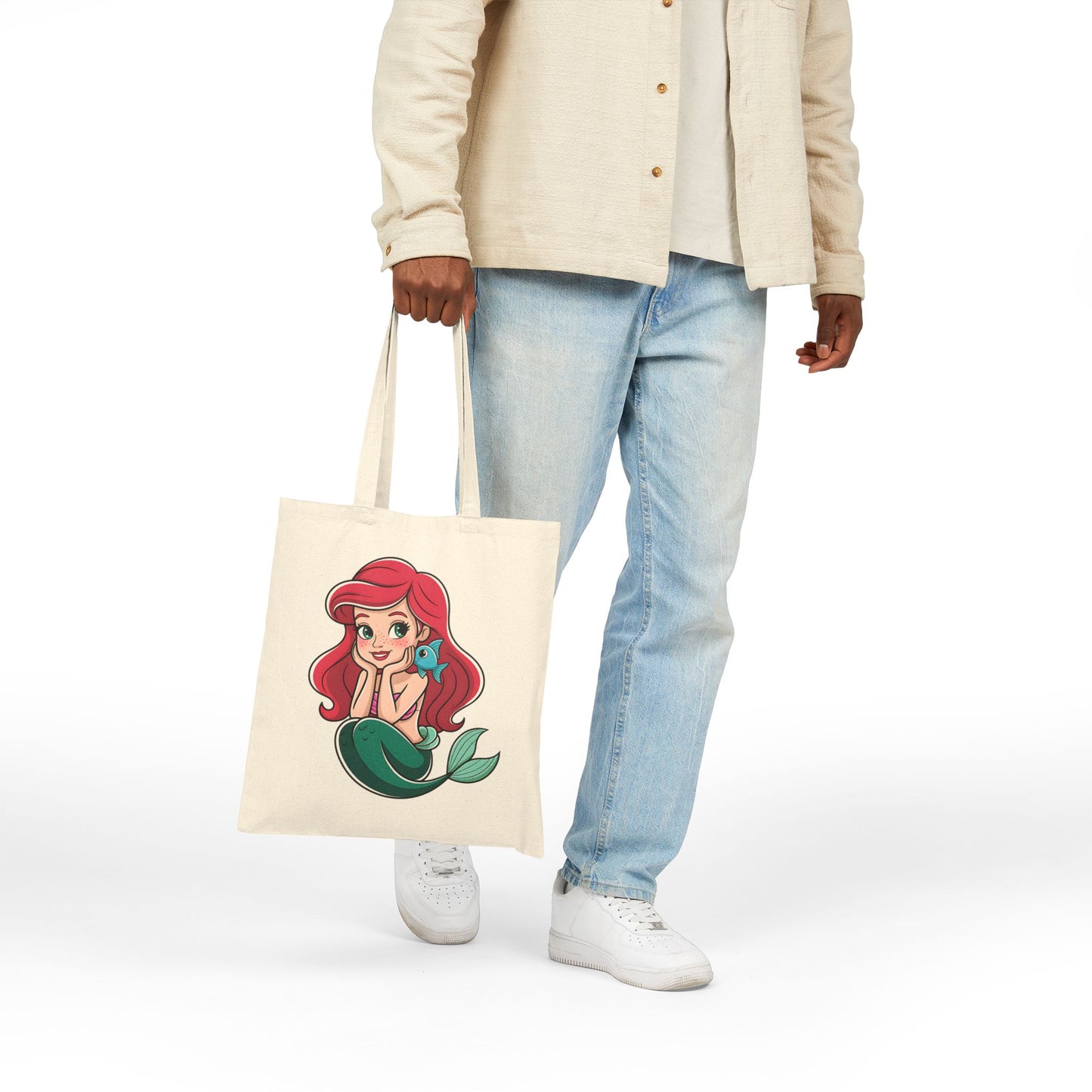 Mermaid Themed Cotton Canvas Tote Bag, Eco-Friendly Shopping Bag, Beach Tote, Gift for Ocean Lovers, Cute Drawstring Bag
