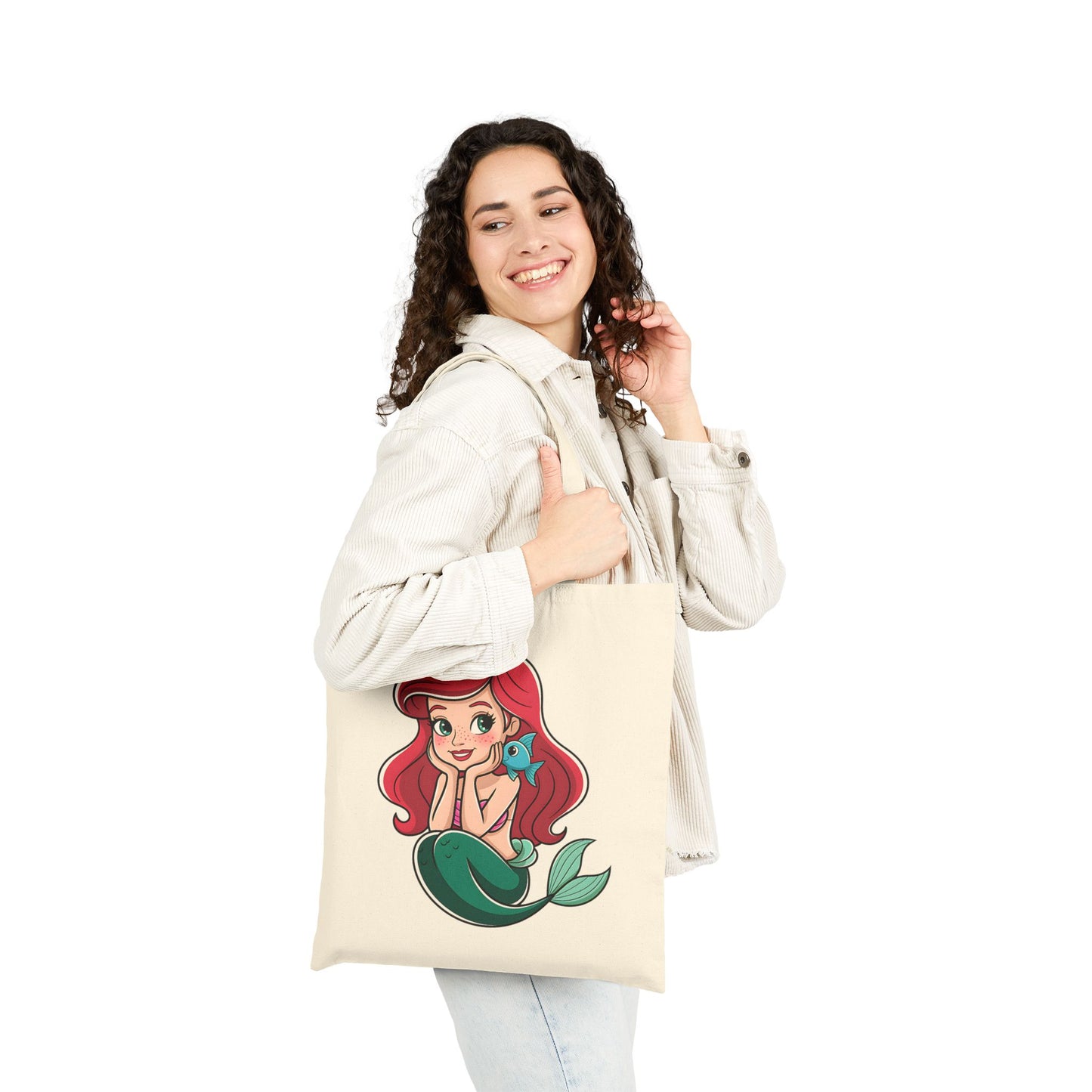 Mermaid Themed Cotton Canvas Tote Bag, Eco-Friendly Shopping Bag, Beach Tote, Gift for Ocean Lovers, Cute Drawstring Bag
