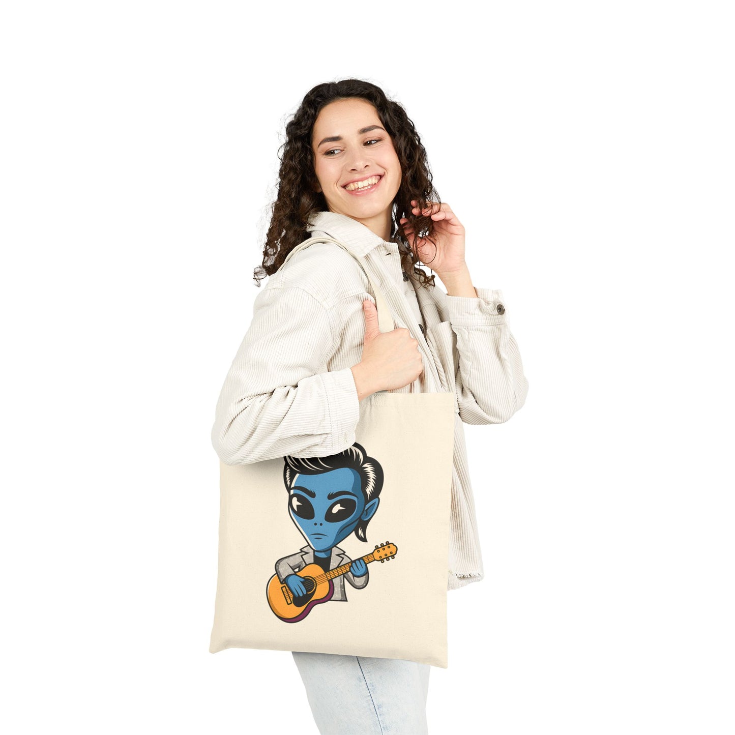 Alien Guitarist Cotton Canvas Tote Bag, Eco-Friendly Shopping Bag, Music Lover Gift, Cute and Quirky Tote, Festival Essential