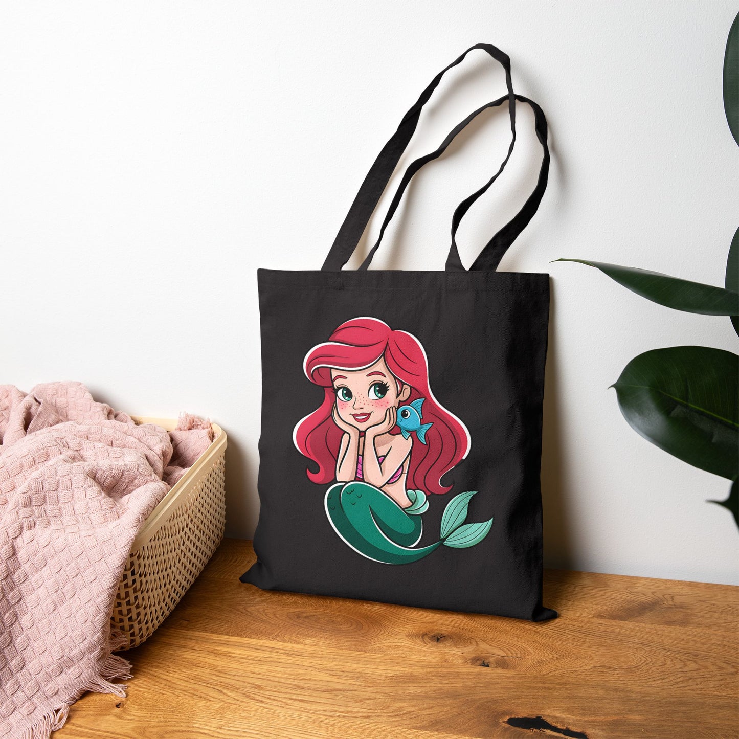 Mermaid Themed Cotton Canvas Tote Bag, Eco-Friendly Shopping Bag, Beach Tote, Gift for Ocean Lovers, Cute Drawstring Bag