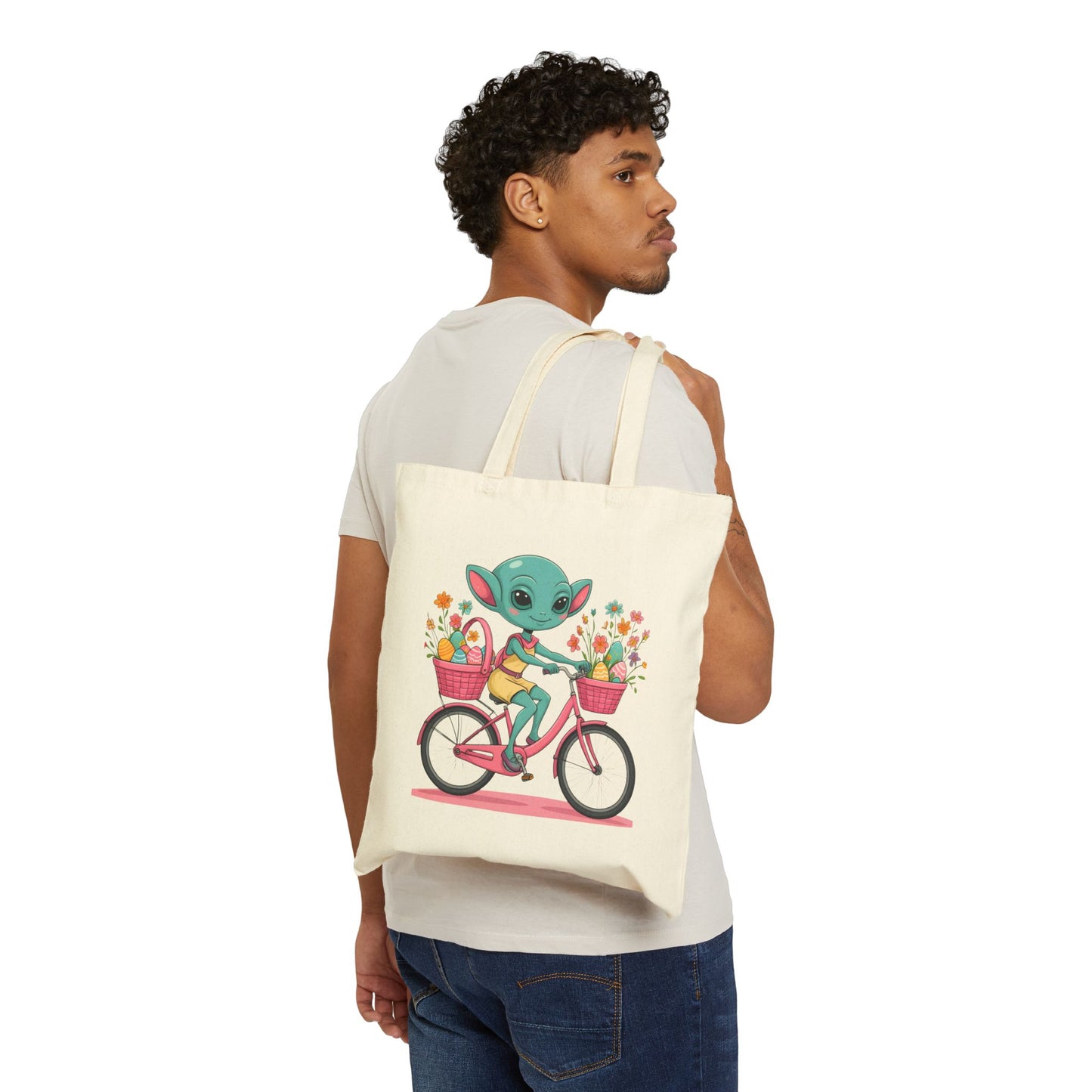 Whimsical Alien Bike Tote Bag, Reusable Shopping Bag, Eco-Friendly Gift, Fun Beach Bag, Cute Grocery Bag, Science Fiction Lovers