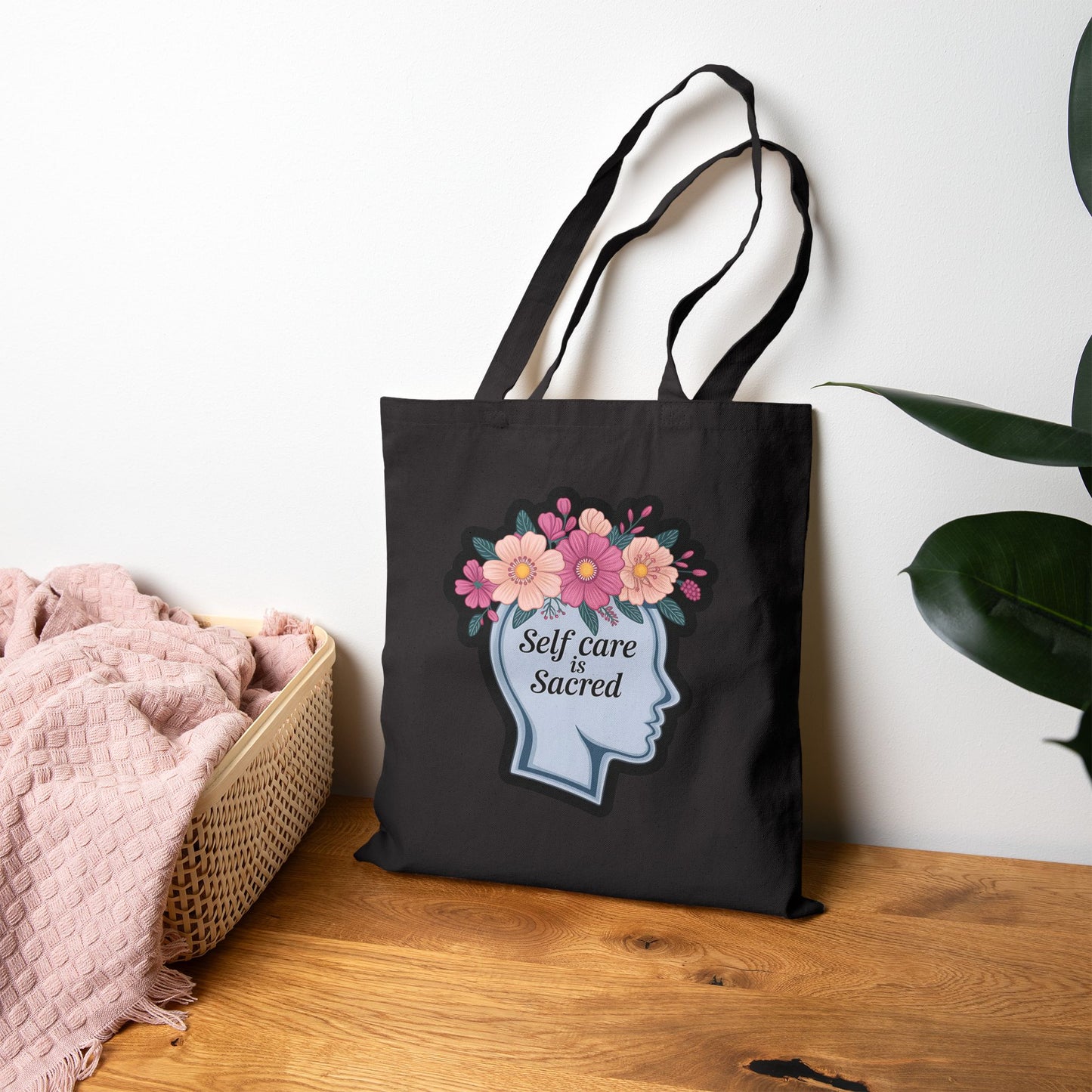 Self Care is Sacred Tote Bag, Eco-Friendly Cotton Bag, Floral Canvas Bag, Gift for Her, Mindfulness Gift, Motivational Tote