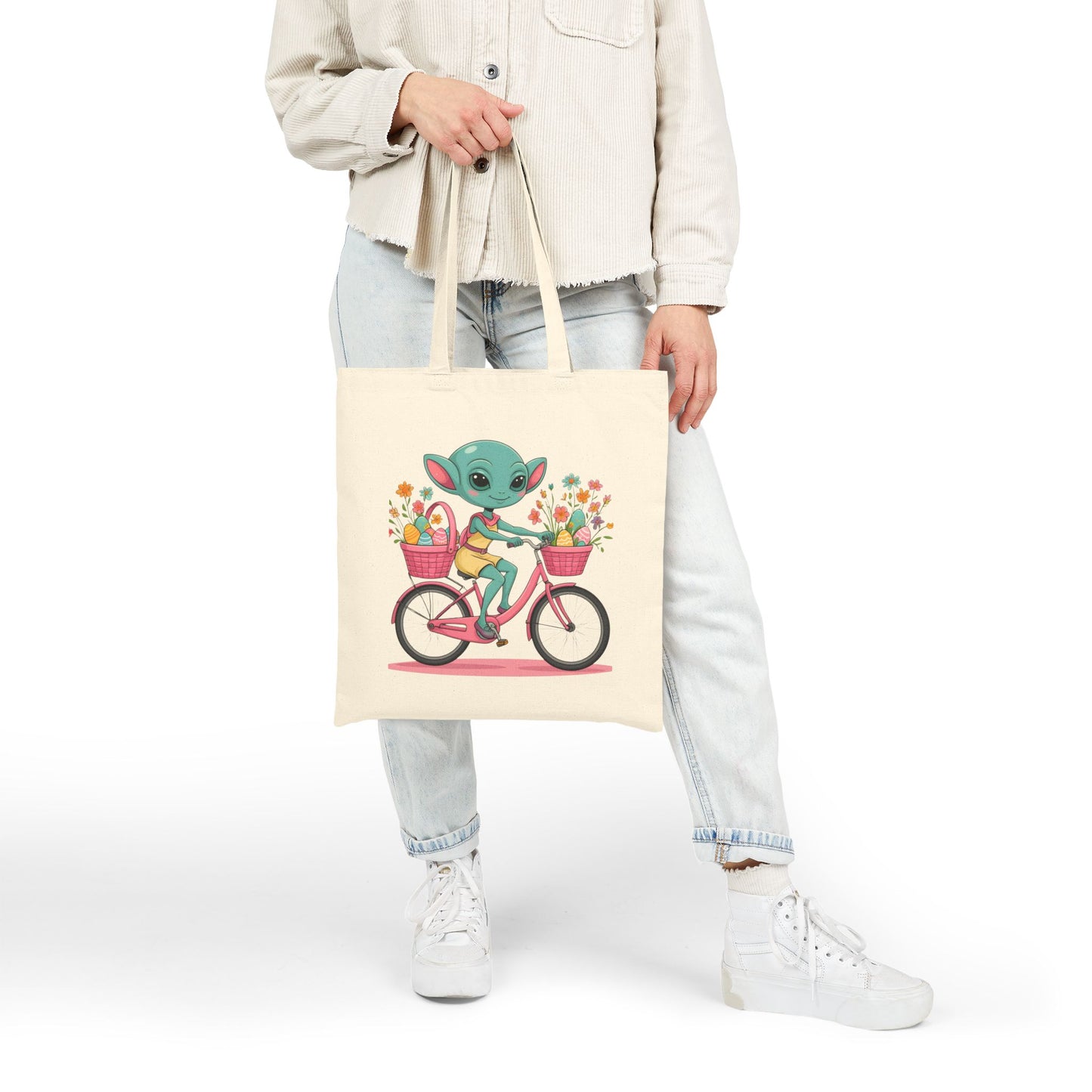 Whimsical Alien Bike Tote Bag, Reusable Shopping Bag, Eco-Friendly Gift, Fun Beach Bag, Cute Grocery Bag, Science Fiction Lovers