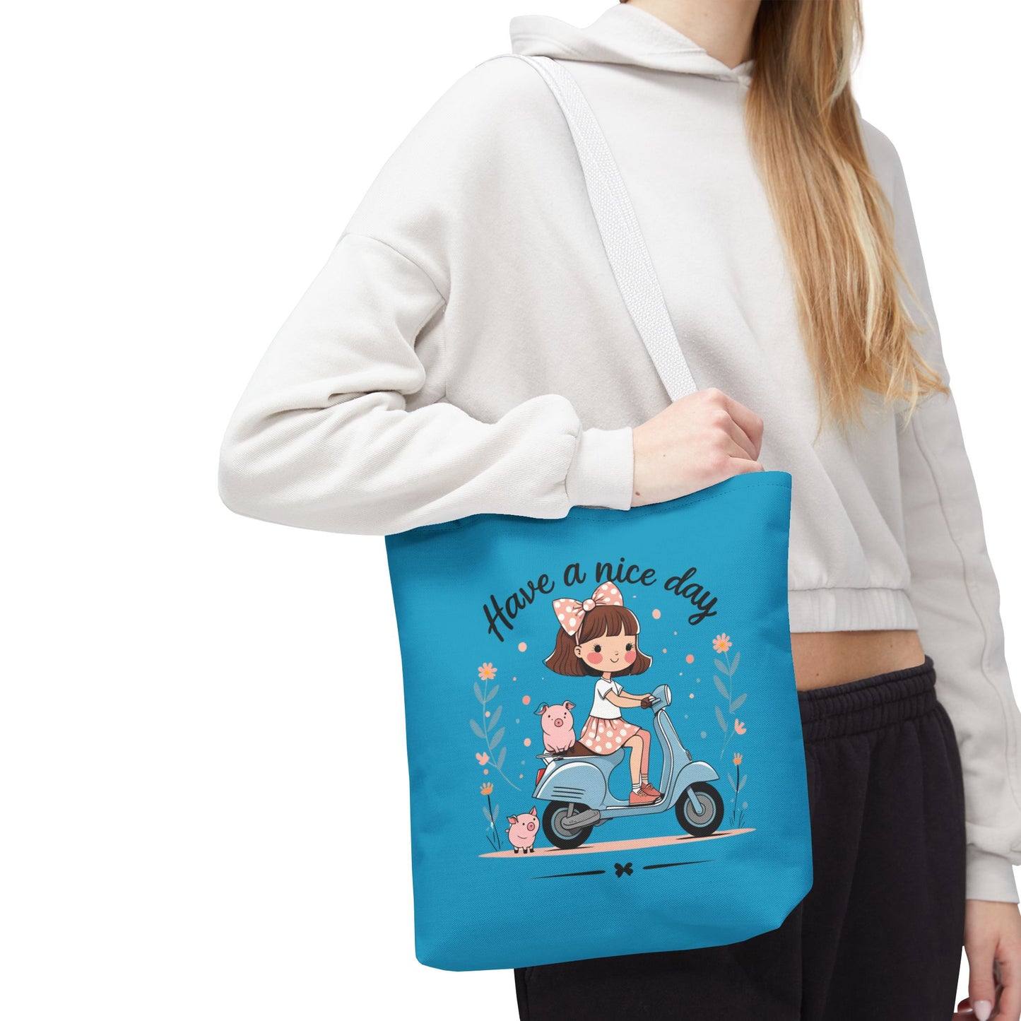 Playful Reminder Tote Bag, Girl on Scooter Bag, Cute AOP Tote, Everyday Use Bag, Gift for Kids, Fun Summer Accessory