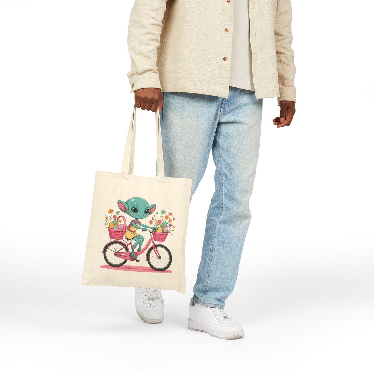 Whimsical Alien Bike Tote Bag, Reusable Shopping Bag, Eco-Friendly Gift, Fun Beach Bag, Cute Grocery Bag, Science Fiction Lovers