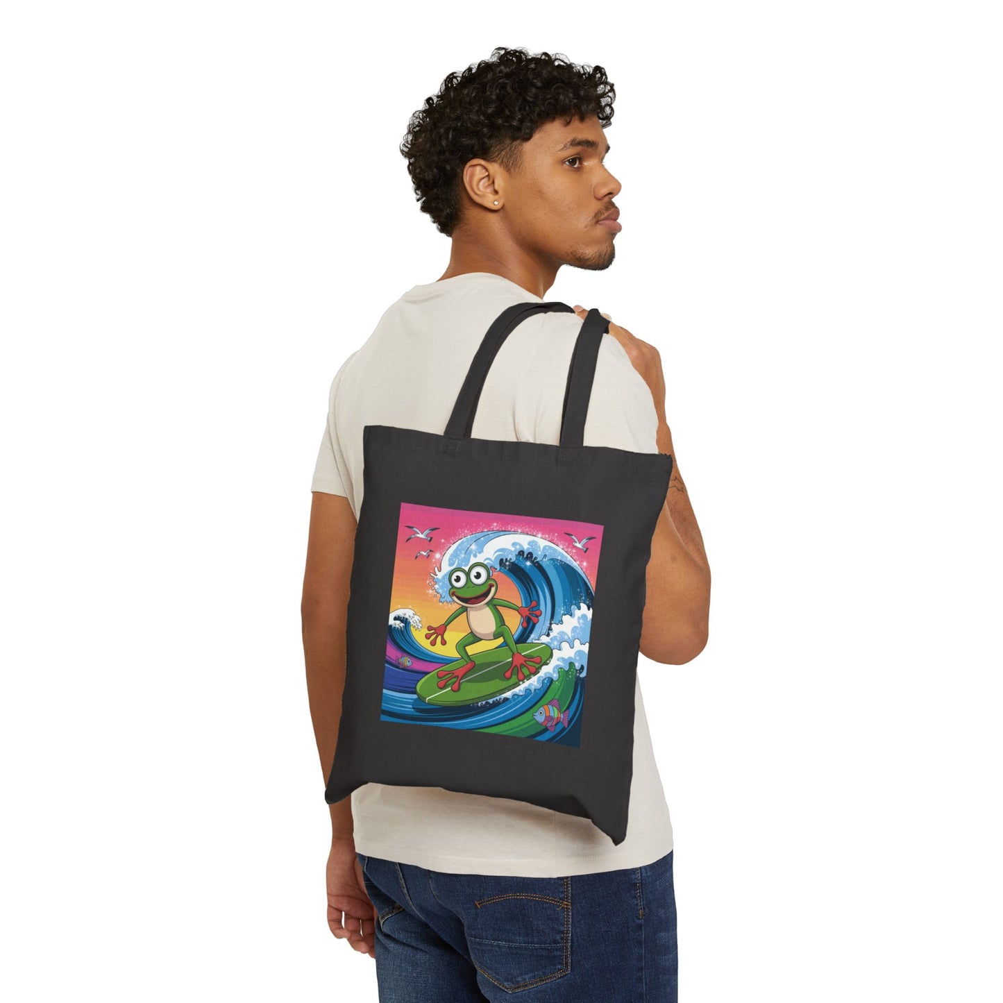Surfing Frog Tote Bag, Beach Bag, Reusable Shopping Bag, Eco-Friendly Canvas Bag, Summer Vibes Tote, Fun Gift for Nature Lovers