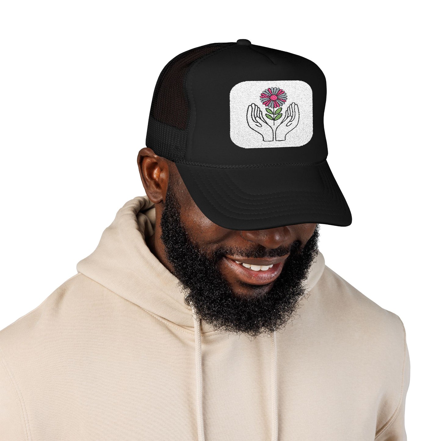 Hand-Embroidered Flower Foam Trucker Hat, Casual Outdoors Cap, Perfect for Garden Lovers, Eco-Friendly Gift, Everyday Fashion