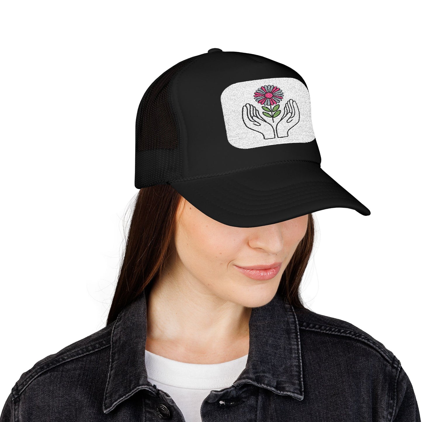 Hand-Embroidered Flower Foam Trucker Hat, Casual Outdoors Cap, Perfect for Garden Lovers, Eco-Friendly Gift, Everyday Fashion