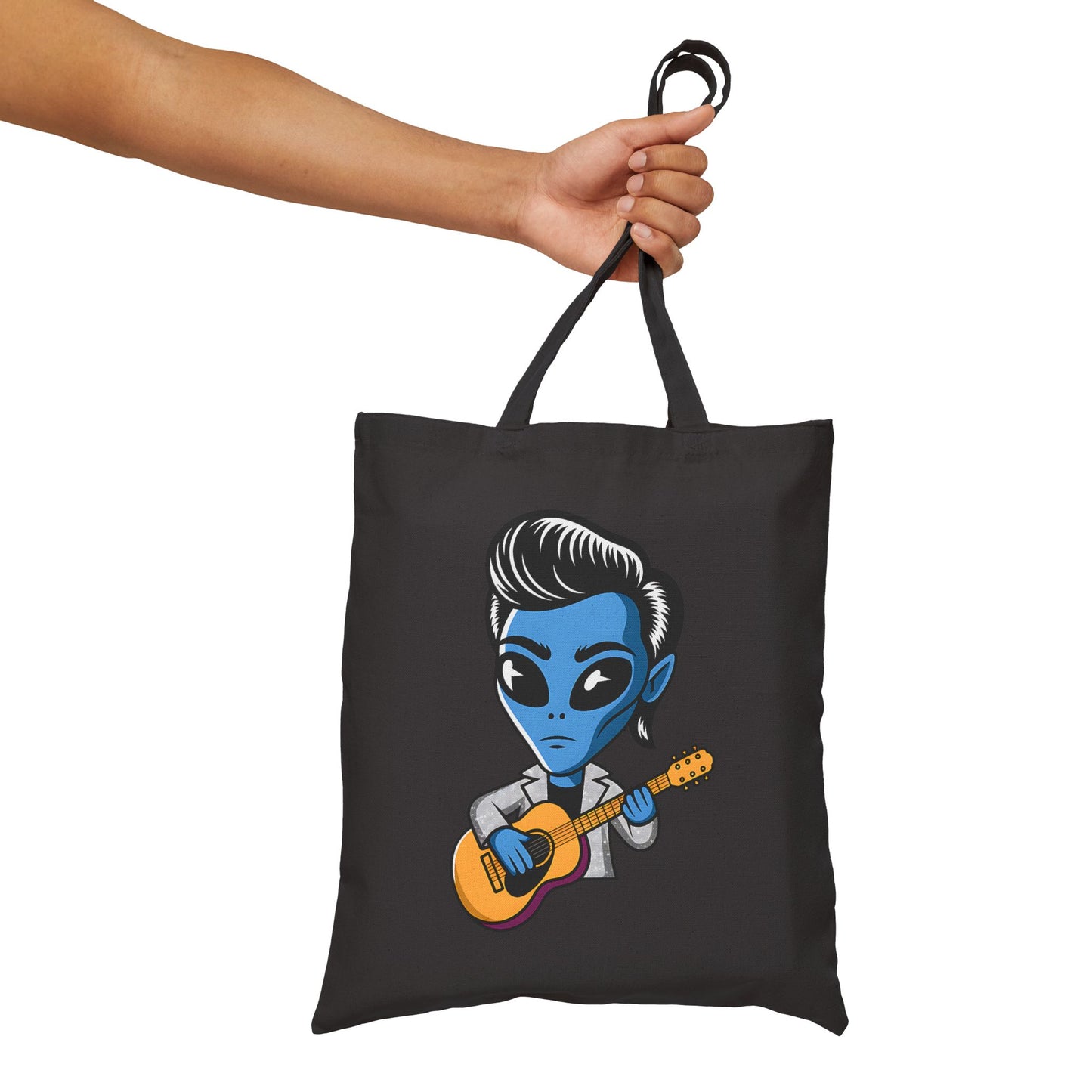 Alien Guitarist Cotton Canvas Tote Bag, Eco-Friendly Shopping Bag, Music Lover Gift, Cute and Quirky Tote, Festival Essential