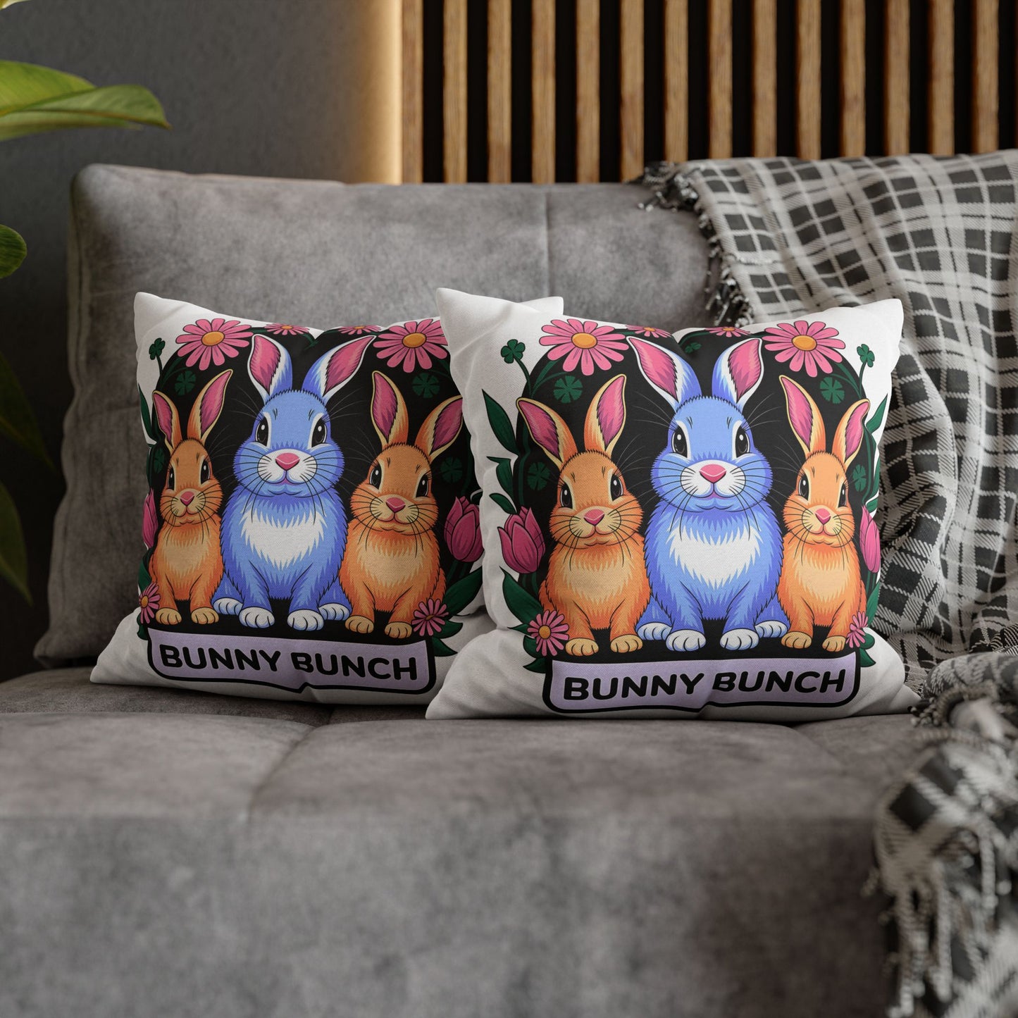 Bunny Bunch Pillowcase - Cute Rabbit Decorative Pillow for Easter and Spring