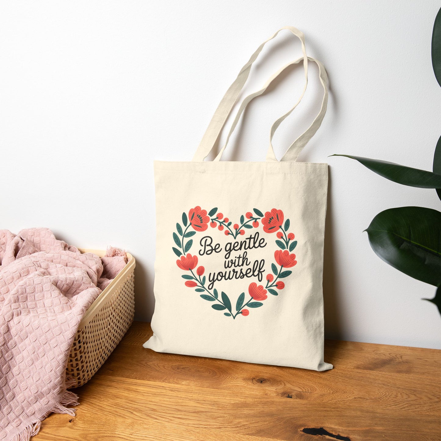 Heartfelt Cotton Canvas Tote Bag | Be Gentle with Yourself | Eco-Friendly Shopping Bag, Gift for Her, Self-Care Reminder, Floral Tote