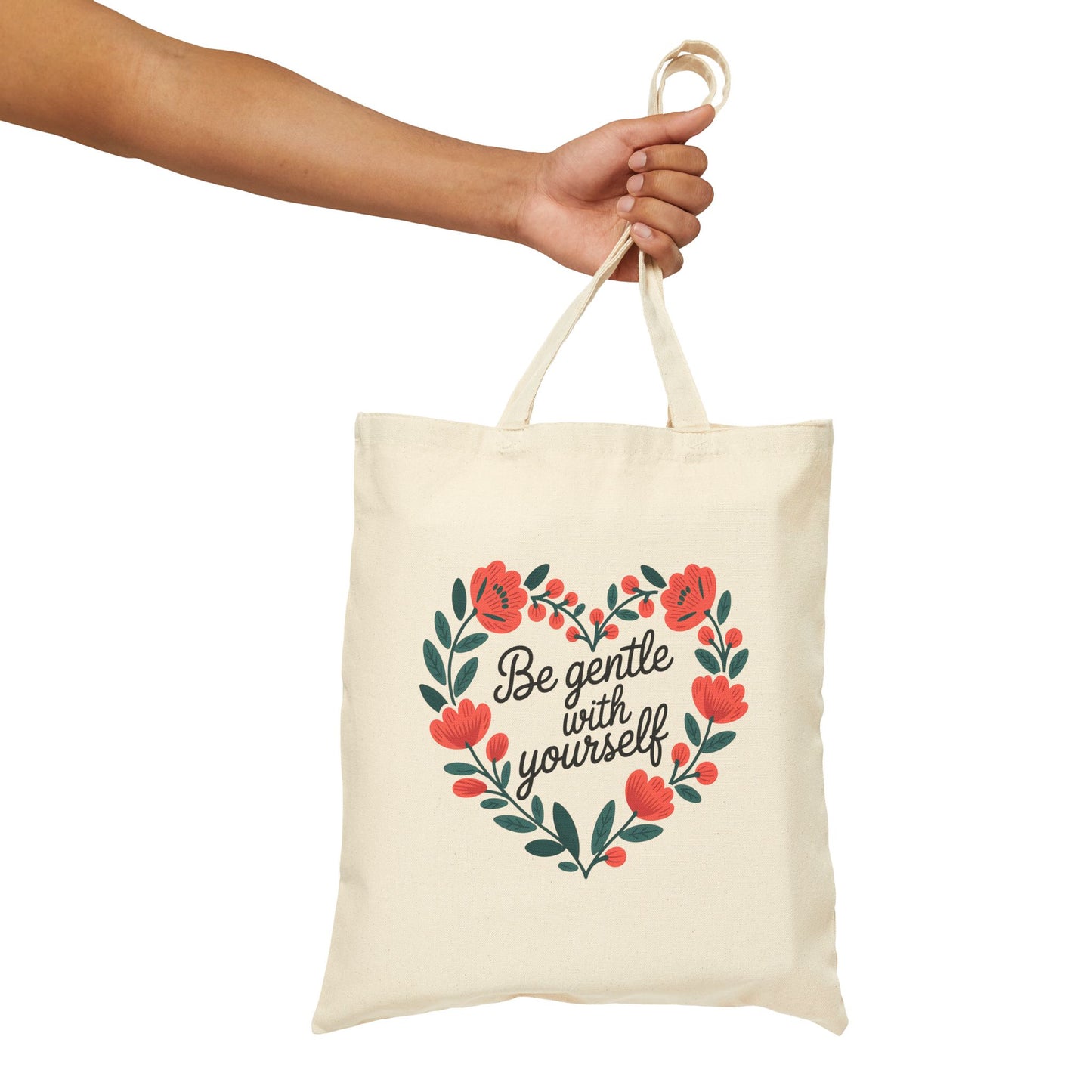 Heartfelt Cotton Canvas Tote Bag | Be Gentle with Yourself | Eco-Friendly Shopping Bag, Gift for Her, Self-Care Reminder, Floral Tote