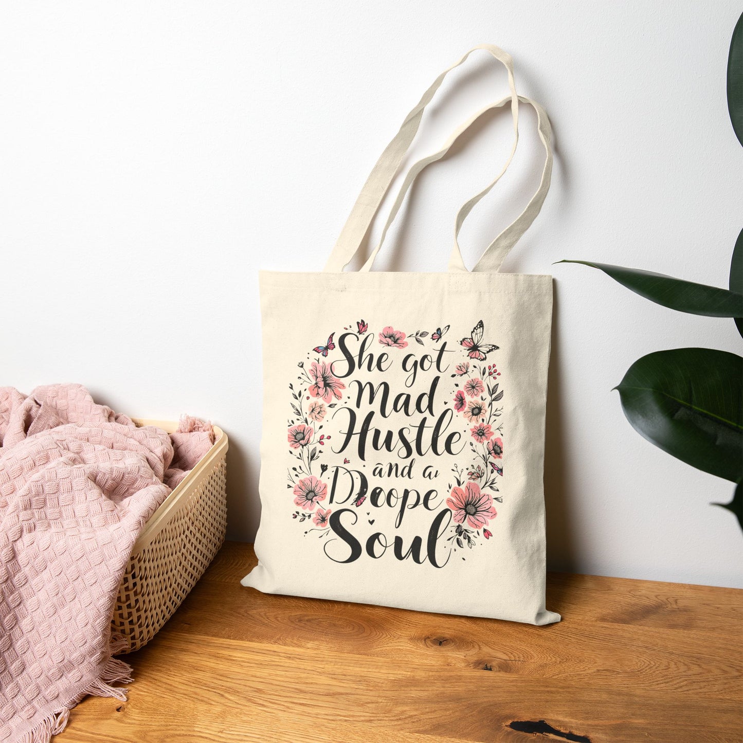 Inspirational Floral Tote Bag - She Got Mad Hustle and a Deep Soul, Eco-Friendly, Gift for Her, Reusable Shopping Bag, Daily Use