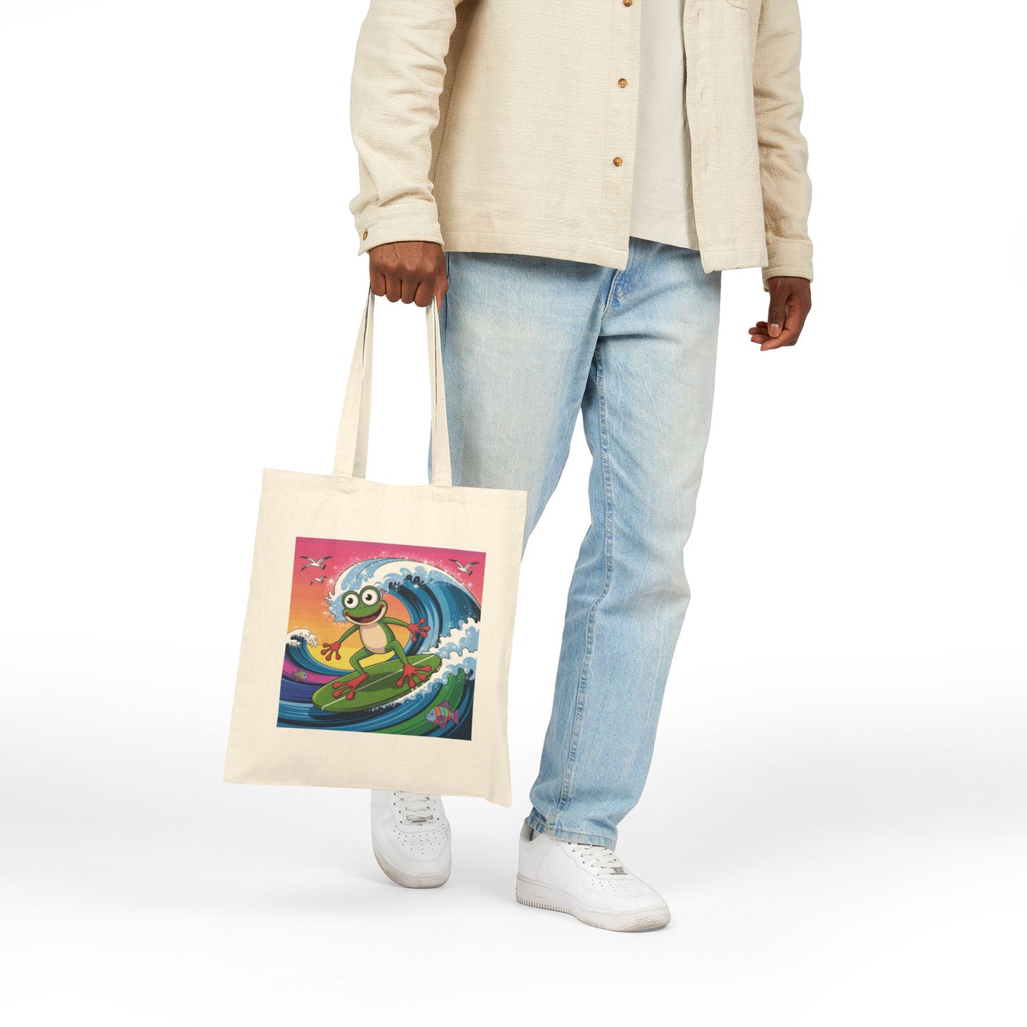 Surfing Frog Tote Bag, Beach Bag, Reusable Shopping Bag, Eco-Friendly Canvas Bag, Summer Vibes Tote, Fun Gift for Nature Lovers