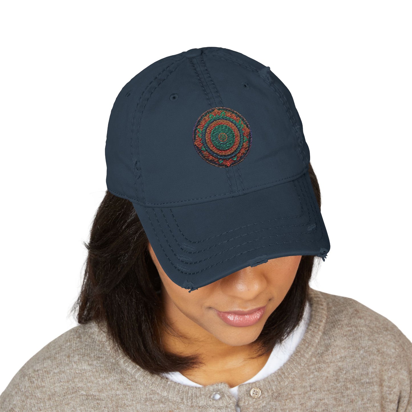 Distressed Dad Hat with Embroidered Colorful Circle - Casual Fashion Accessory