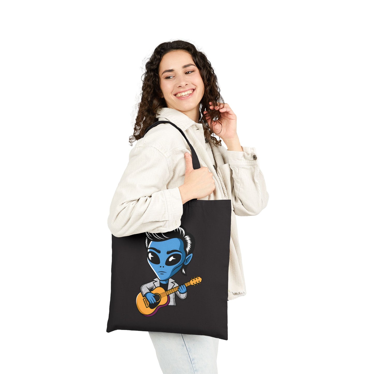 Alien Guitarist Cotton Canvas Tote Bag, Eco-Friendly Shopping Bag, Music Lover Gift, Cute and Quirky Tote, Festival Essential