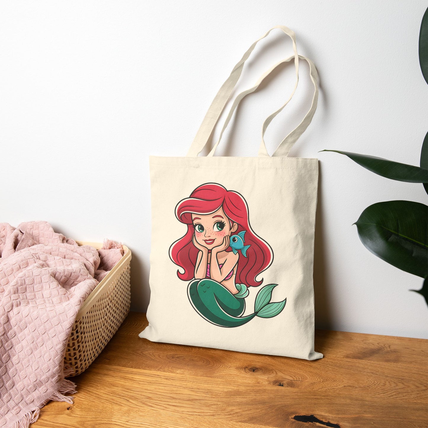Mermaid Themed Cotton Canvas Tote Bag, Eco-Friendly Shopping Bag, Beach Tote, Gift for Ocean Lovers, Cute Drawstring Bag
