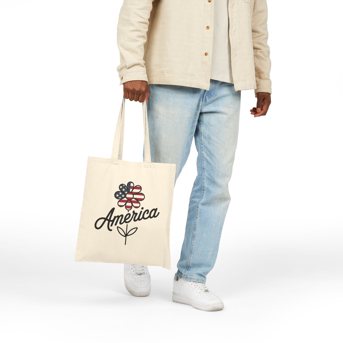 Patriotic Floral Cotton Canvas Tote Bag, Shopping Bag, Beach Bag, Gift for Her, USA Pride, Fourth of July, Americana Decor