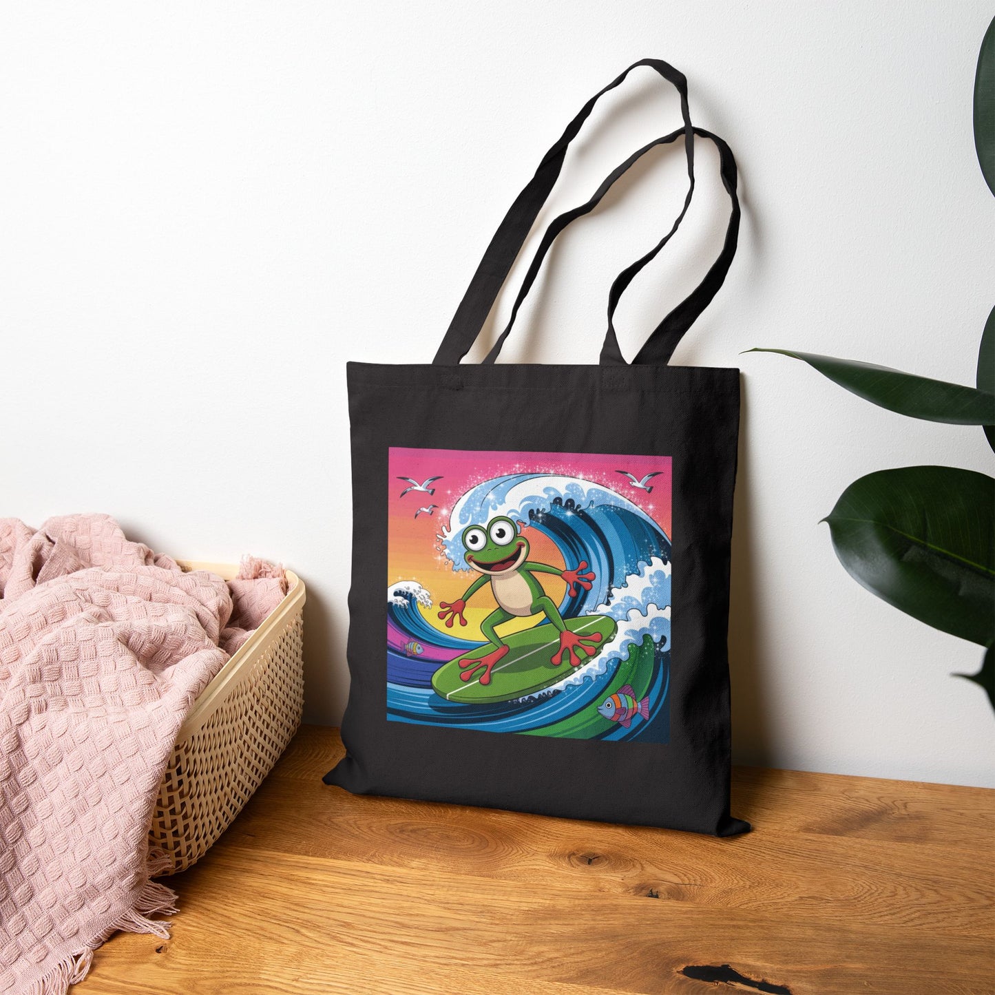 Surfing Frog Tote Bag, Beach Bag, Reusable Shopping Bag, Eco-Friendly Canvas Bag, Summer Vibes Tote, Fun Gift for Nature Lovers
