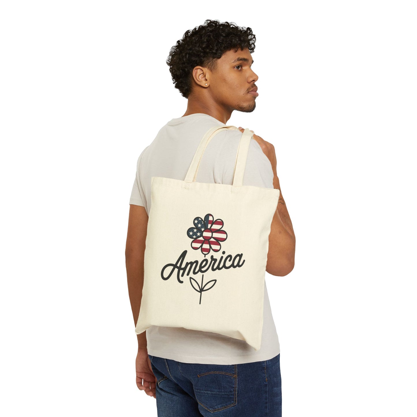 Patriotic Floral Cotton Canvas Tote Bag, Shopping Bag, Beach Bag, Gift for Her, USA Pride, Fourth of July, Americana Decor