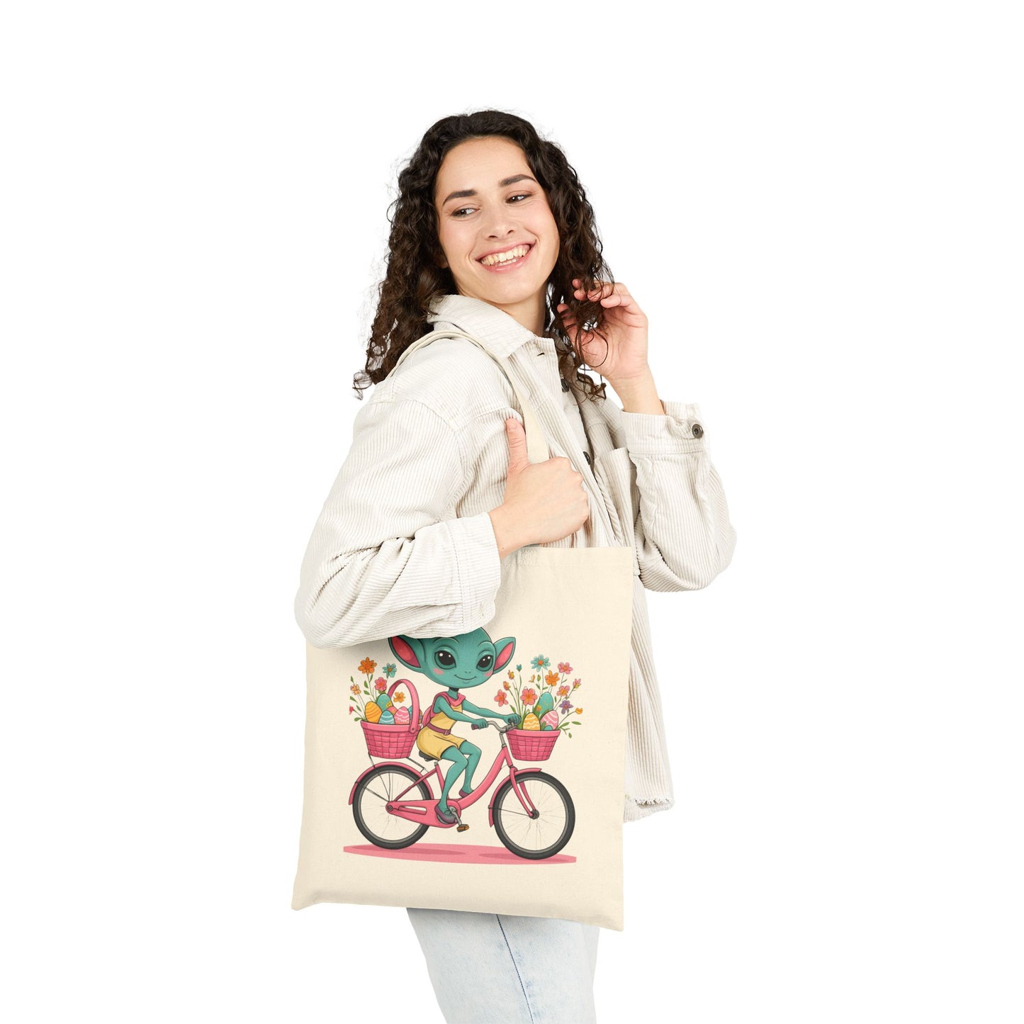 Whimsical Alien Bike Tote Bag, Reusable Shopping Bag, Eco-Friendly Gift, Fun Beach Bag, Cute Grocery Bag, Science Fiction Lovers