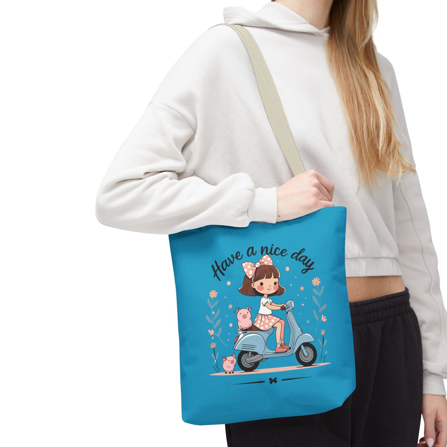 Playful Reminder Tote Bag, Girl on Scooter Bag, Cute AOP Tote, Everyday Use Bag, Gift for Kids, Fun Summer Accessory
