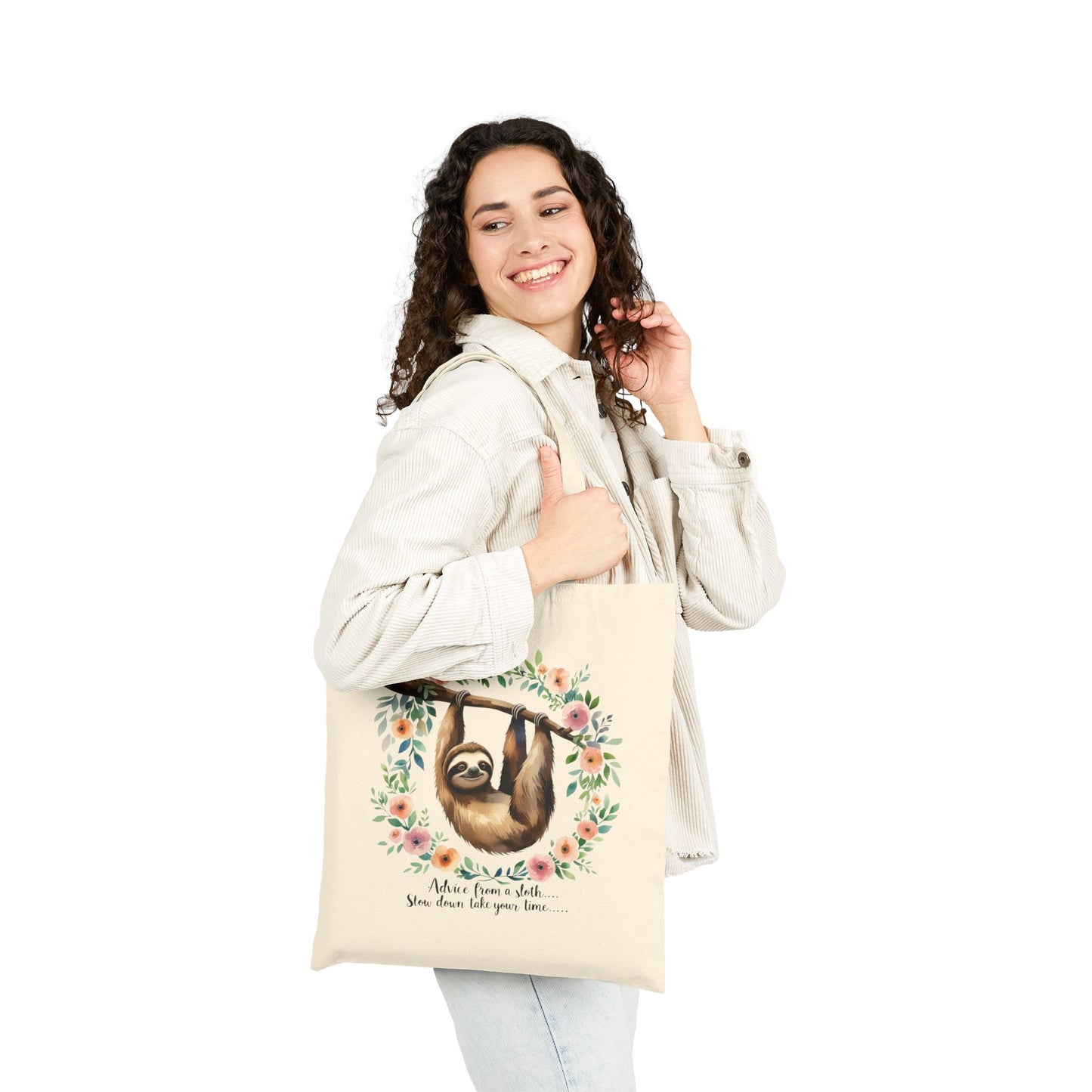 Sloth Canvas Tote Bag - Cute Reusable Shopping Bag, Eco-Friendly Gift, Beach Tote, Daily Use, Floral Design