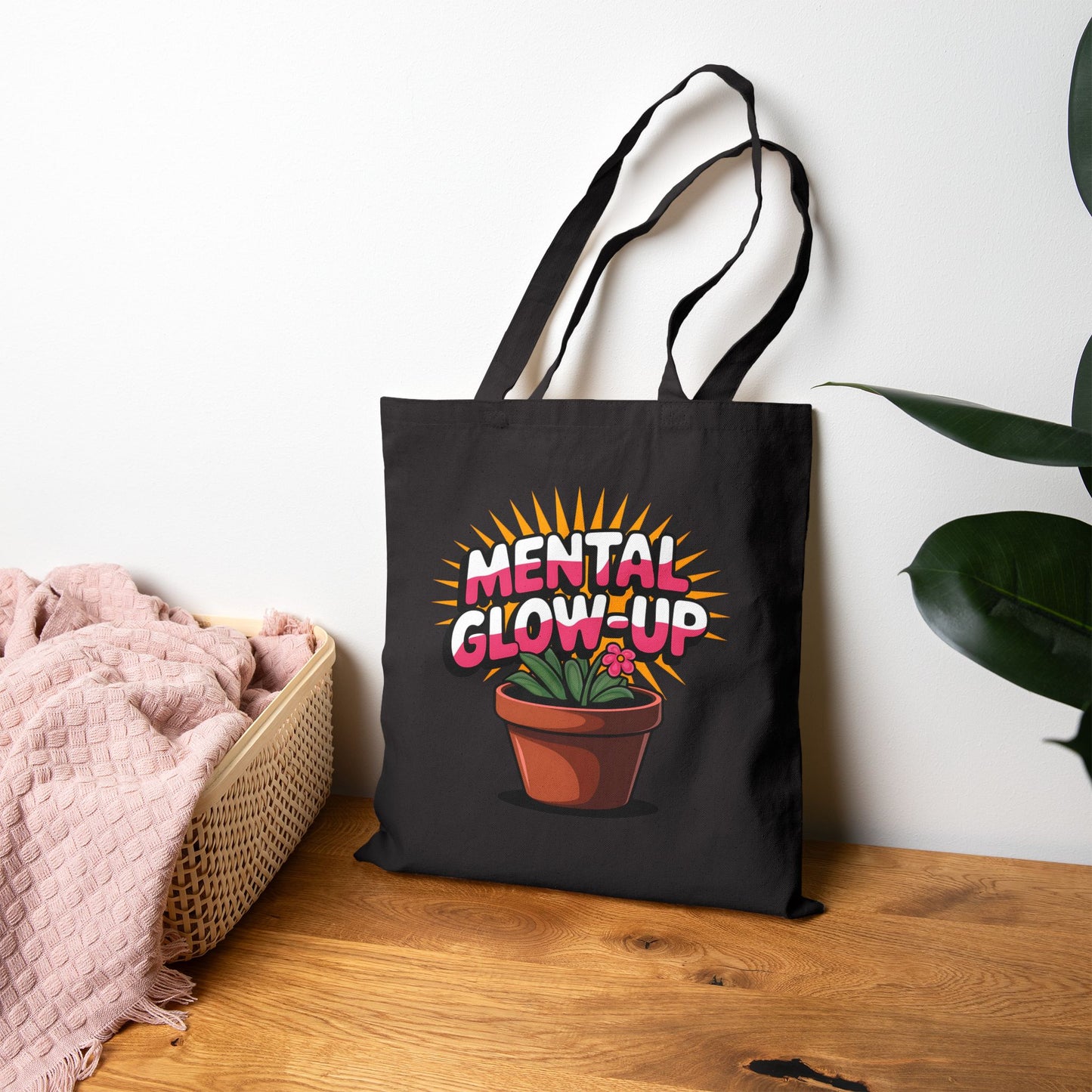 Mental Glow-Up Motivational Tote Bag | Eco-Friendly Cotton Carryall for Plant Lovers, Inspirational Gifts, Reusable Shopping Bag