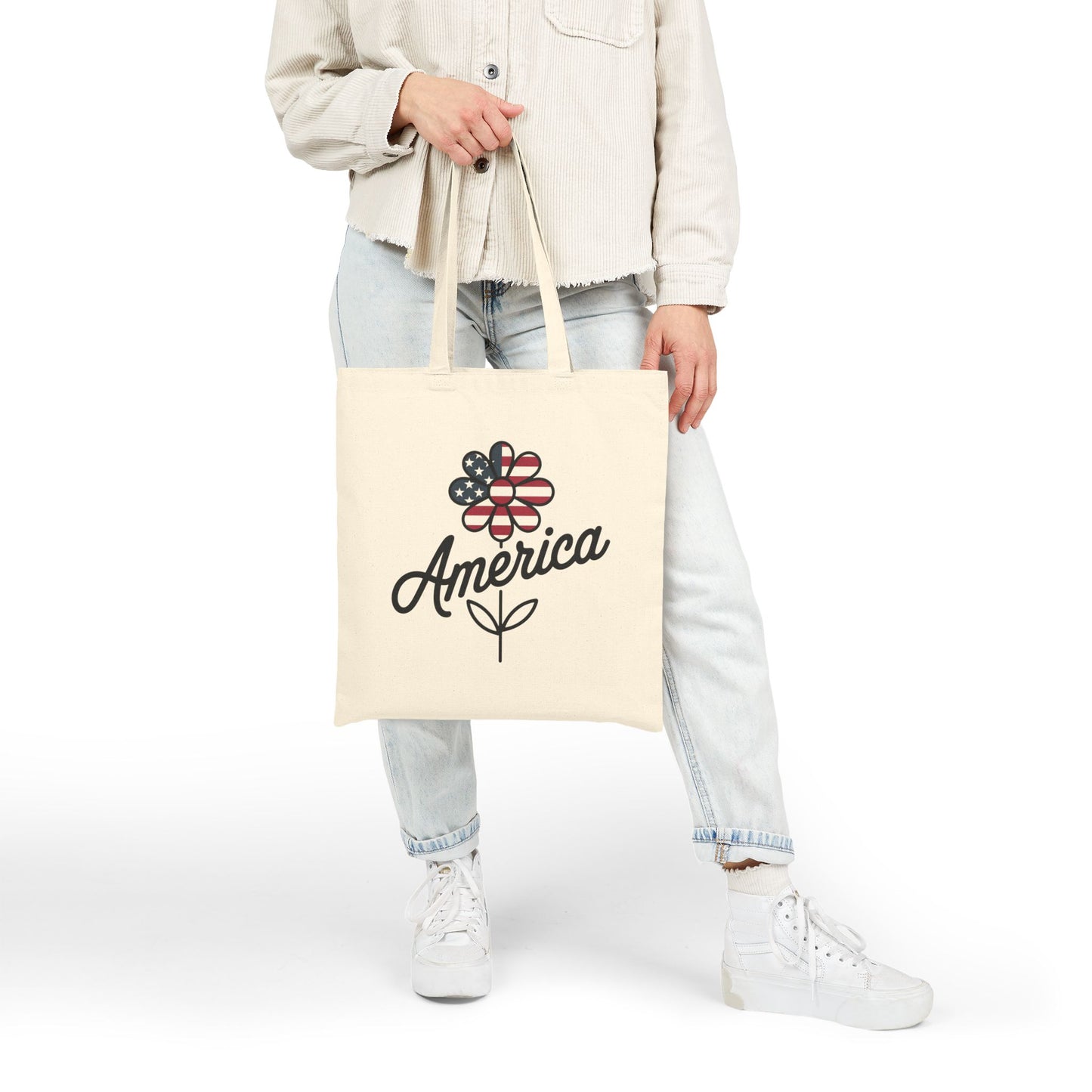 Patriotic Floral Cotton Canvas Tote Bag, Shopping Bag, Beach Bag, Gift for Her, USA Pride, Fourth of July, Americana Decor