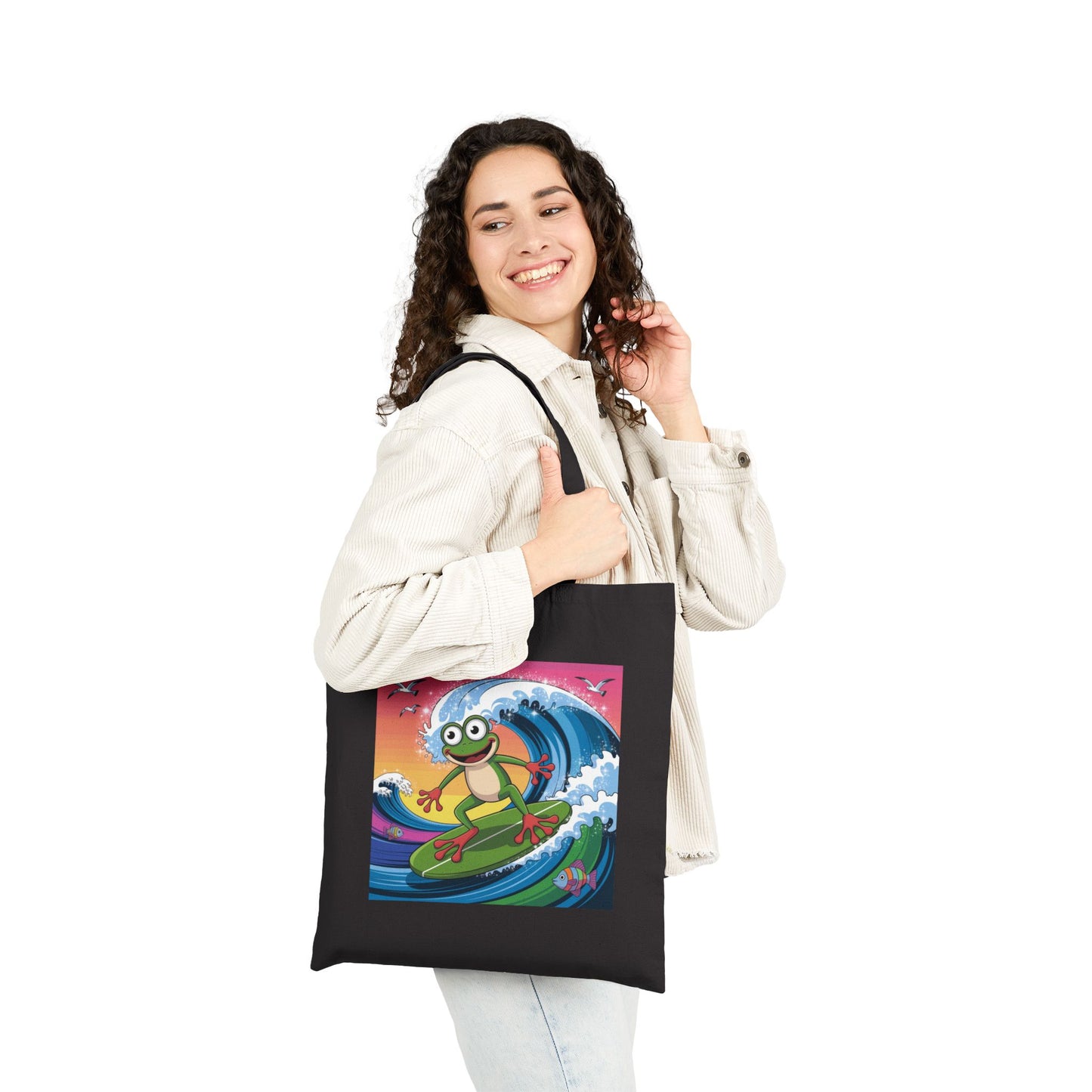 Surfing Frog Tote Bag, Beach Bag, Reusable Shopping Bag, Eco-Friendly Canvas Bag, Summer Vibes Tote, Fun Gift for Nature Lovers