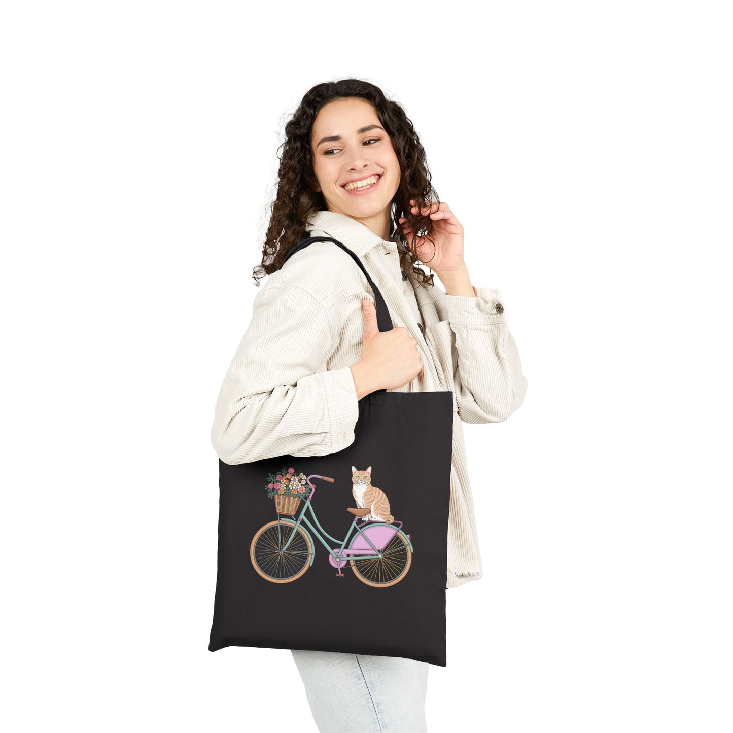 Whimsical Cat on Bicycle Tote Bag, Cute Pet Lovers Gift, Eco-Friendly Shopping Bag, Day Out Tote, Bicycle Lovers Gift