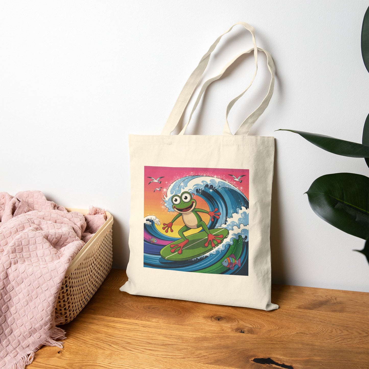 Surfing Frog Tote Bag, Beach Bag, Reusable Shopping Bag, Eco-Friendly Canvas Bag, Summer Vibes Tote, Fun Gift for Nature Lovers
