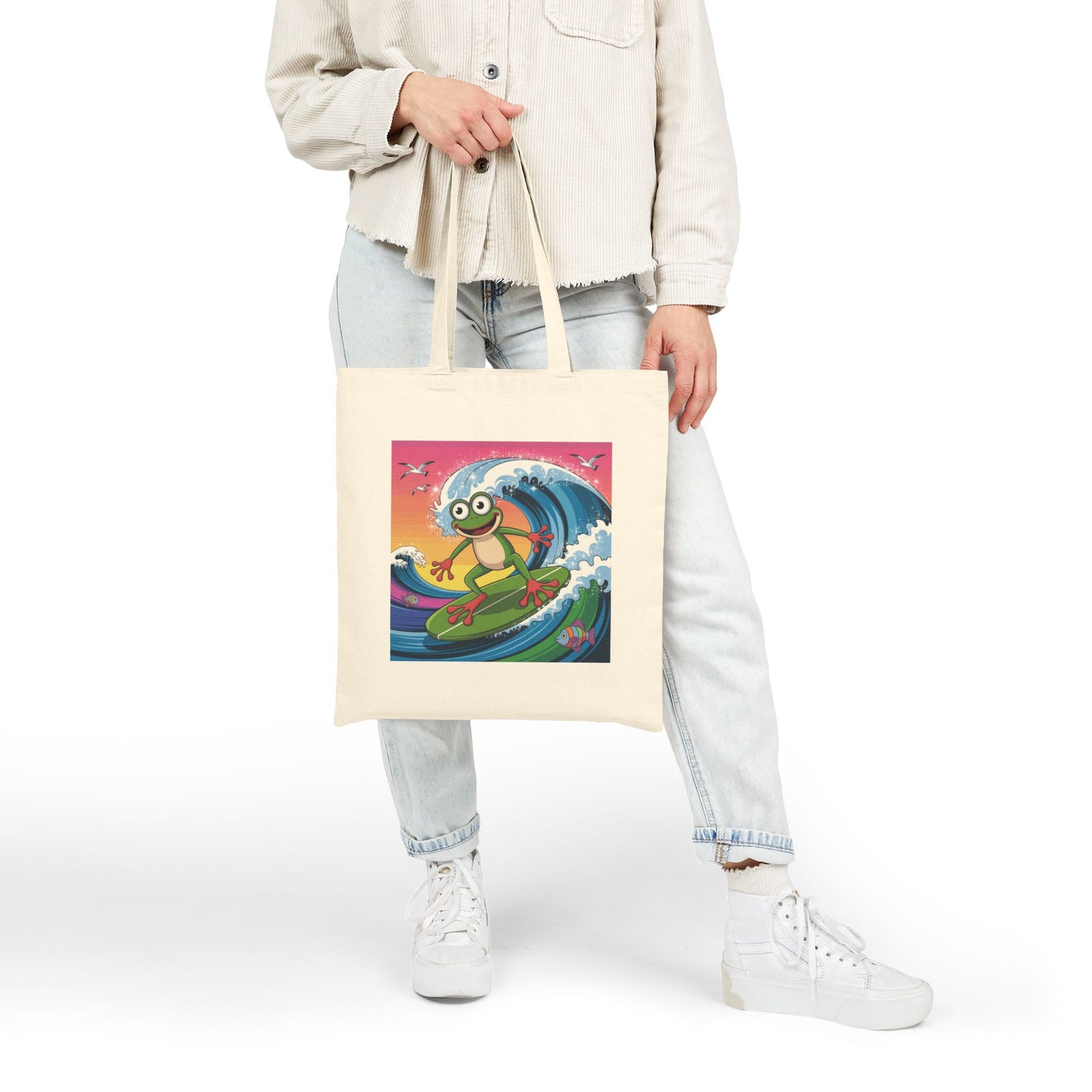 Surfing Frog Tote Bag, Beach Bag, Reusable Shopping Bag, Eco-Friendly Canvas Bag, Summer Vibes Tote, Fun Gift for Nature Lovers