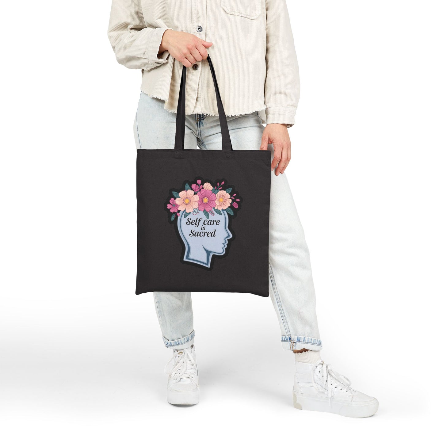 Self Care is Sacred Tote Bag, Eco-Friendly Cotton Bag, Floral Canvas Bag, Gift for Her, Mindfulness Gift, Motivational Tote