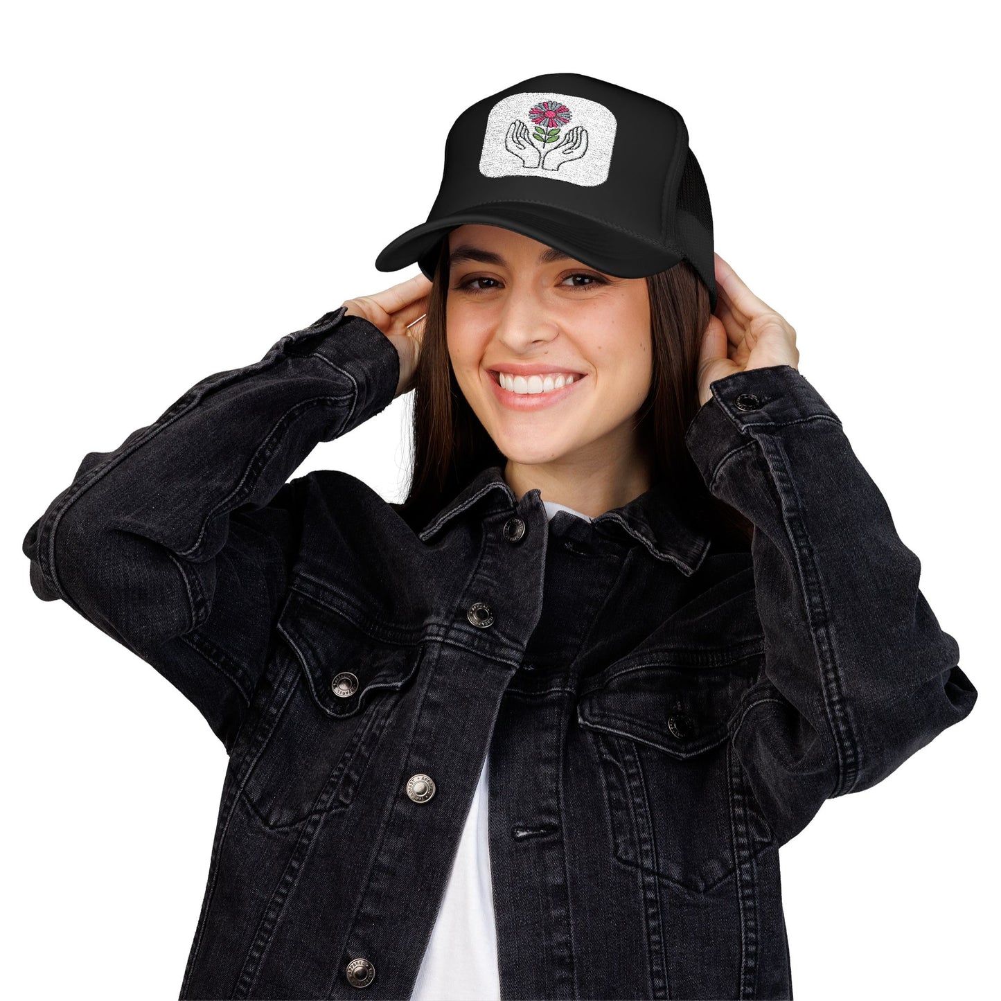 Hand-Embroidered Flower Foam Trucker Hat, Casual Outdoors Cap, Perfect for Garden Lovers, Eco-Friendly Gift, Everyday Fashion