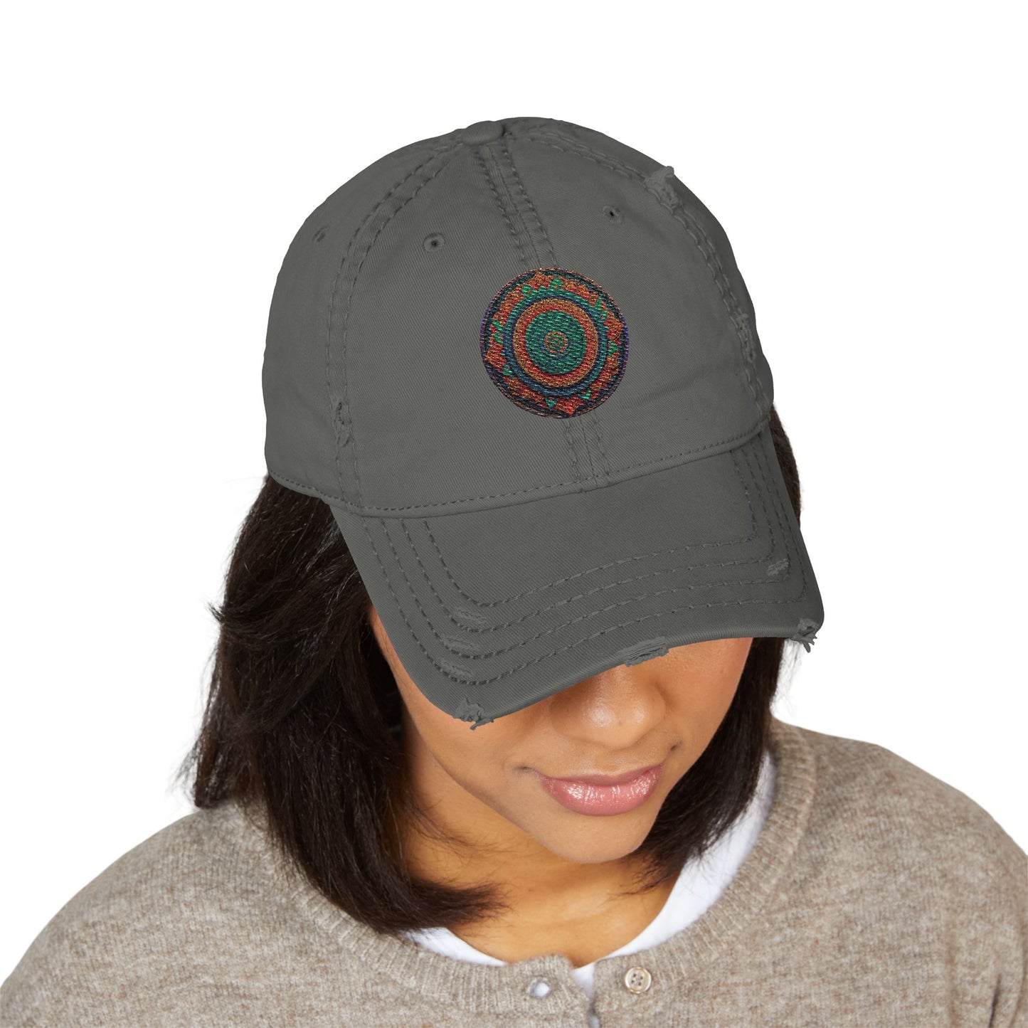 Distressed Dad Hat with Embroidered Colorful Circle - Casual Fashion Accessory