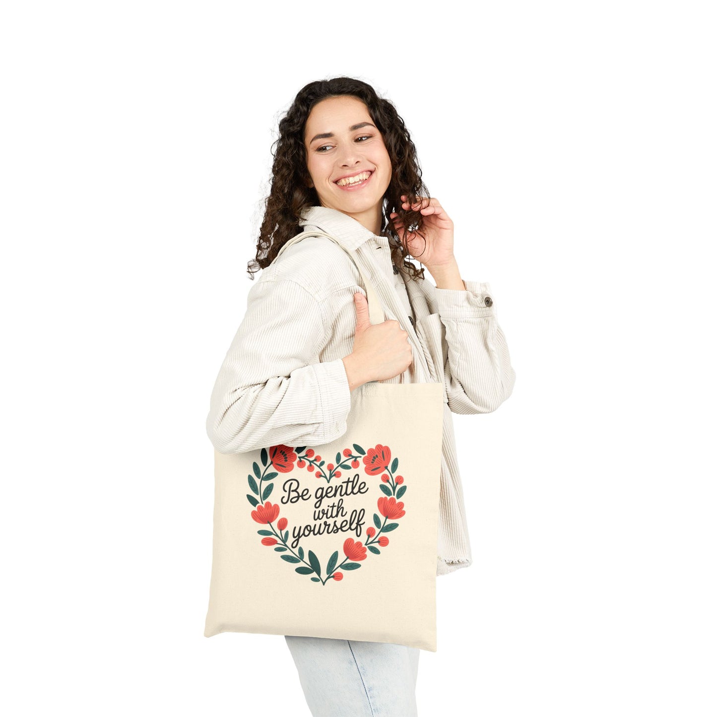 Heartfelt Cotton Canvas Tote Bag | Be Gentle with Yourself | Eco-Friendly Shopping Bag, Gift for Her, Self-Care Reminder, Floral Tote