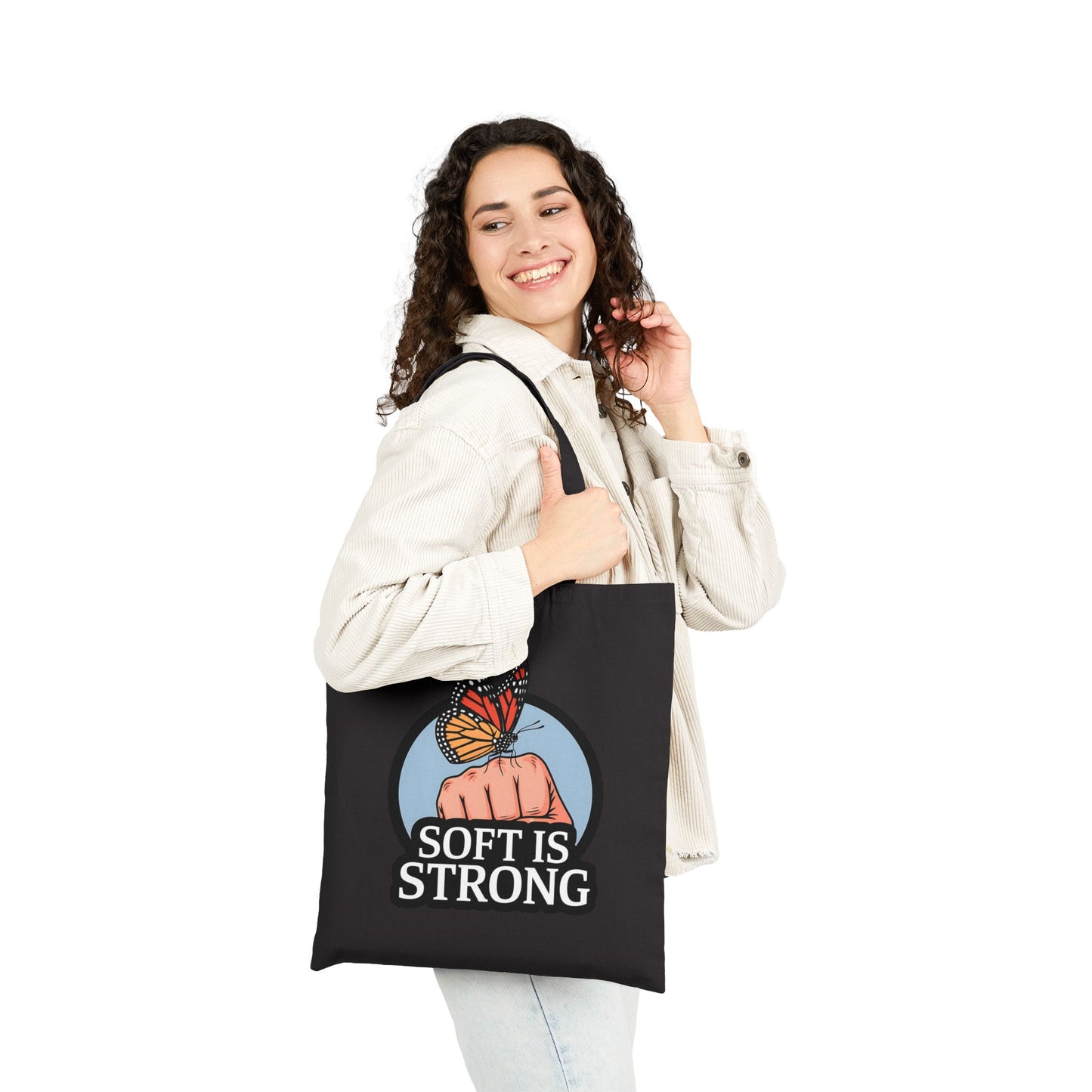 Empowering Canvas Tote Bag, Soft is Strong Quote, Butterfly Art, Eco-Friendly Shopping Bag, Gift for Her, Motivational Tote