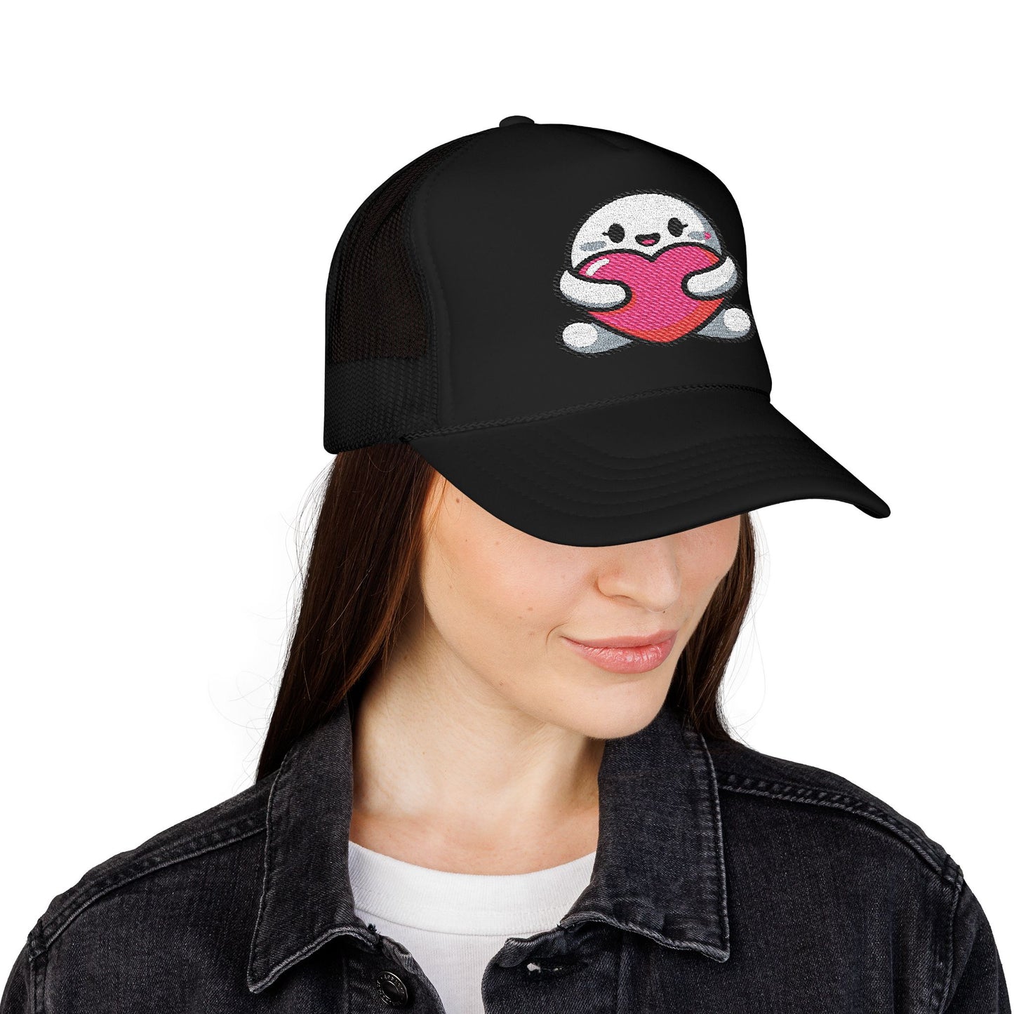 Cute Heart Hugging Foam Trucker Hat | Embroidered Hat | Gift for Loved Ones | Casual Outfit Accessory | Valentine’s Day | Birthday Hat